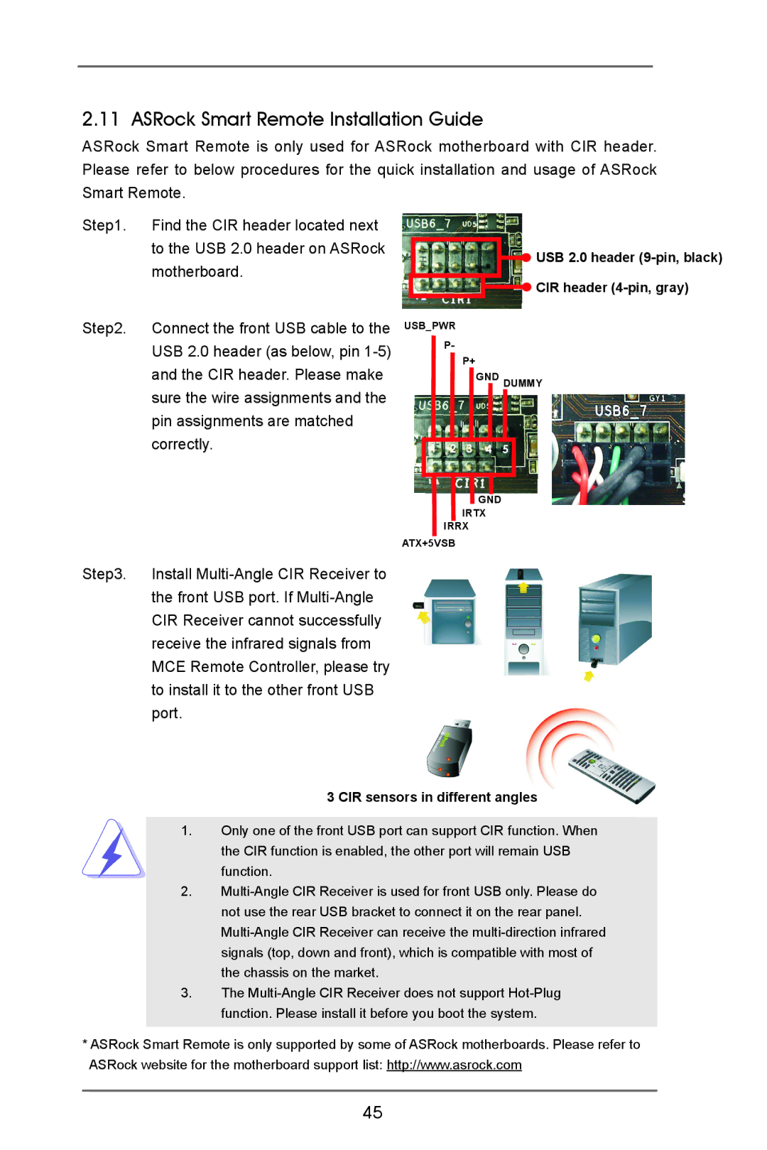 ASRock X79 Extreme9 manual ASRock Smart Remote Installation Guide, CIR sensors in different angles 