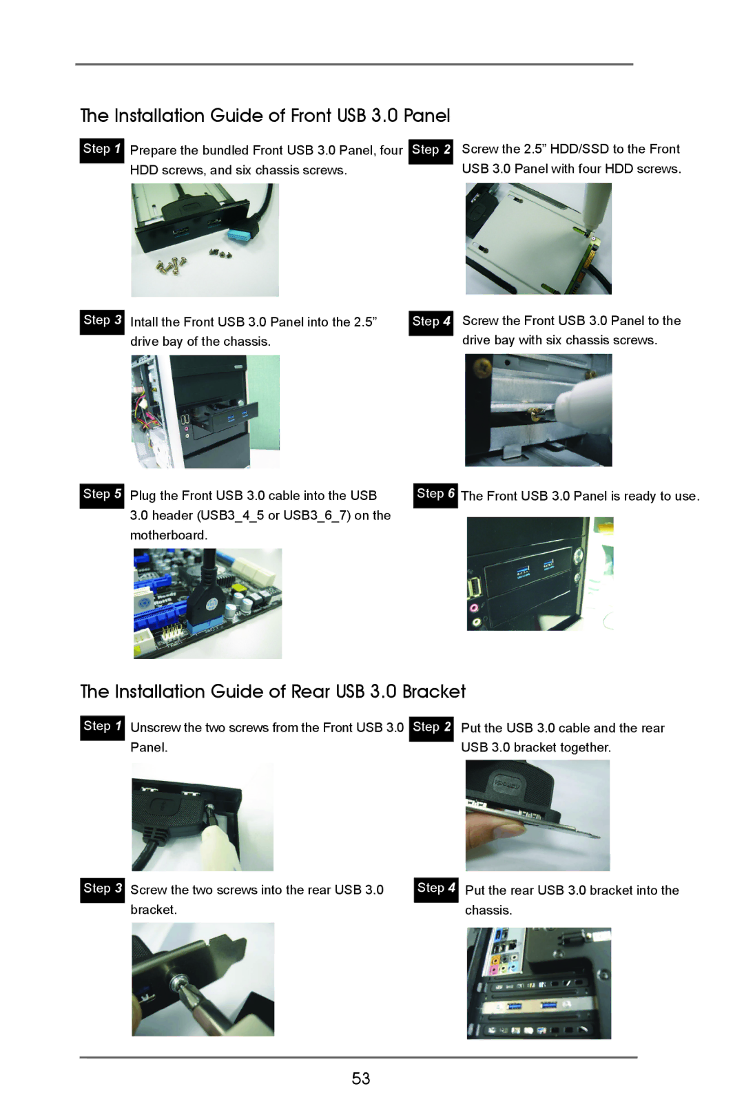 ASRock X79 Extreme9 manual Installation Guide of Front USB 3.0 Panel, Installation Guide of Rear USB 3.0 Bracket 