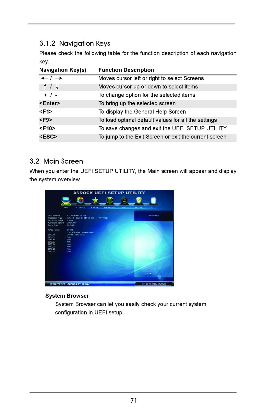 ASRock X79 Extreme9 manual Navigation Keys, Main Screen, F10, System Browser 