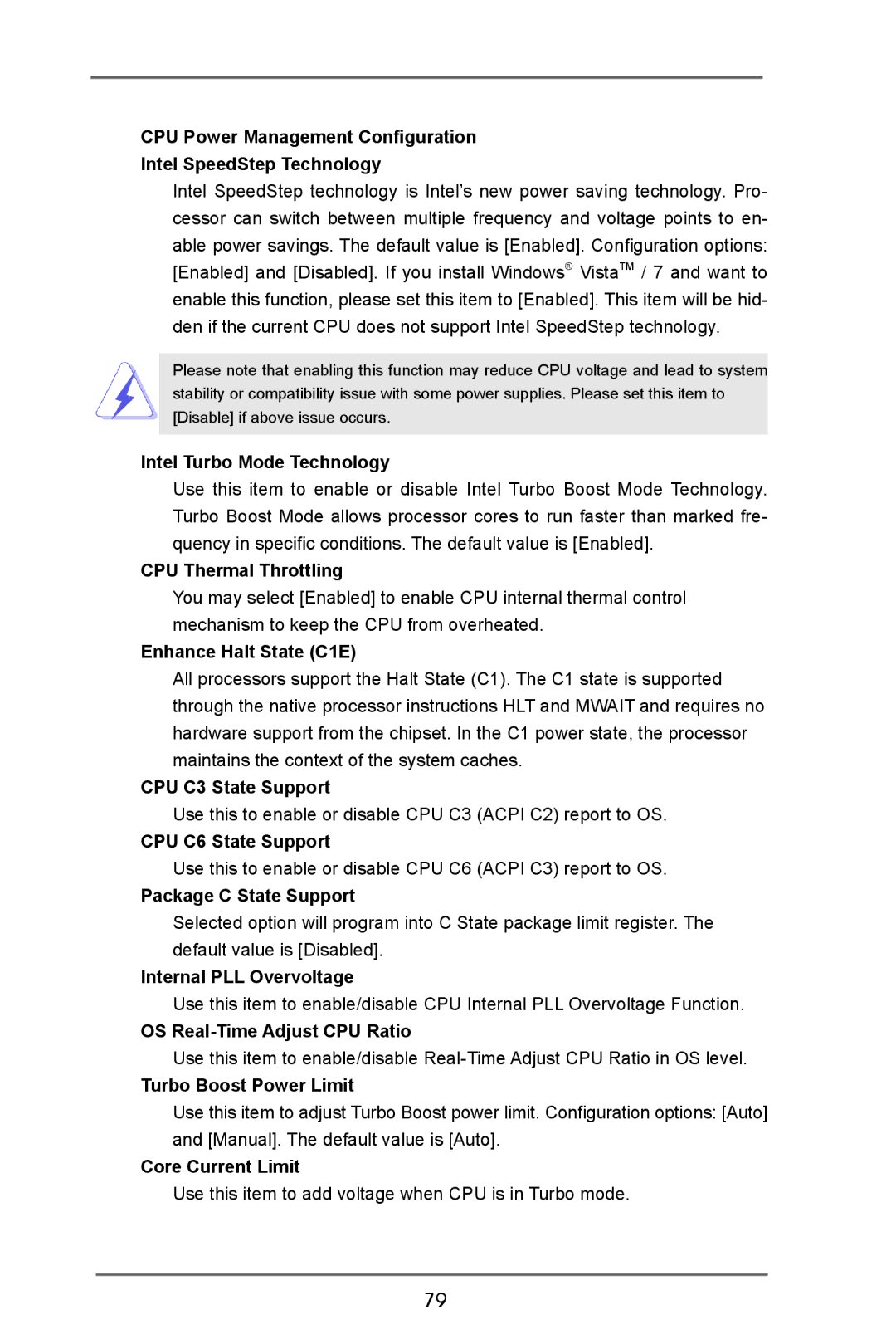 ASRock X79 Extreme9 manual CPU Thermal Throttling, Enhance Halt State C1E, CPU C3 State Support, CPU C6 State Support 