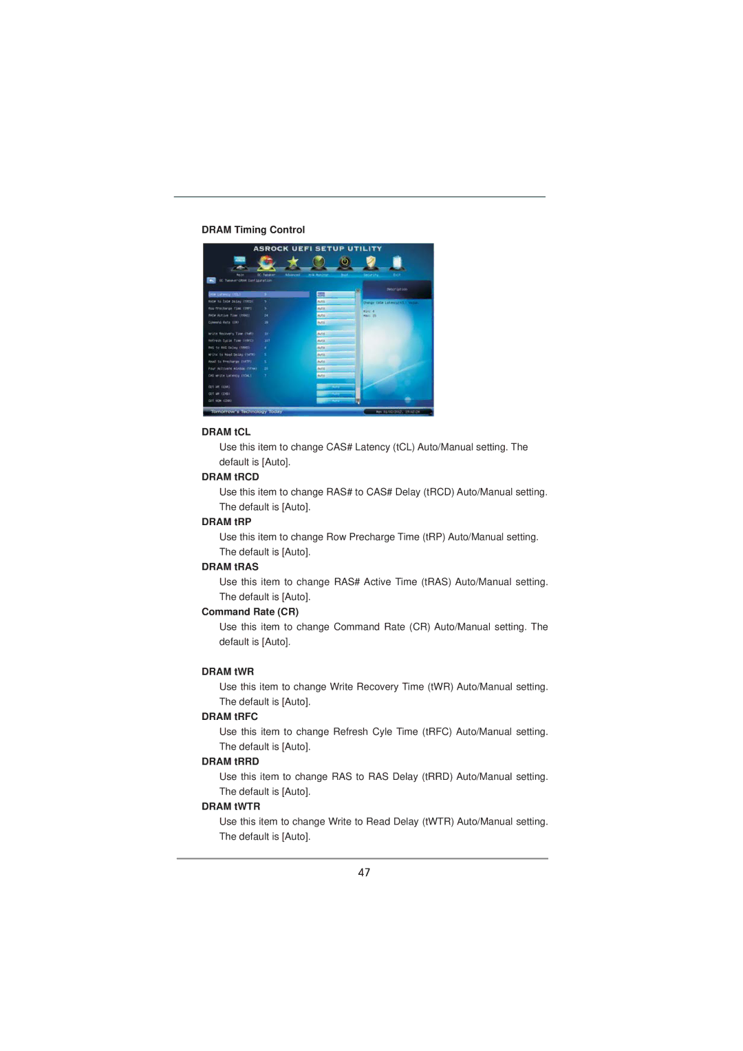 ASRock Z75 Pro3 manual Dram Timing Control Dram tCL, Dram tRCD, Dram tRP, Dram tRAS, Command Rate CR, Dram tWR, Dram tRFC 