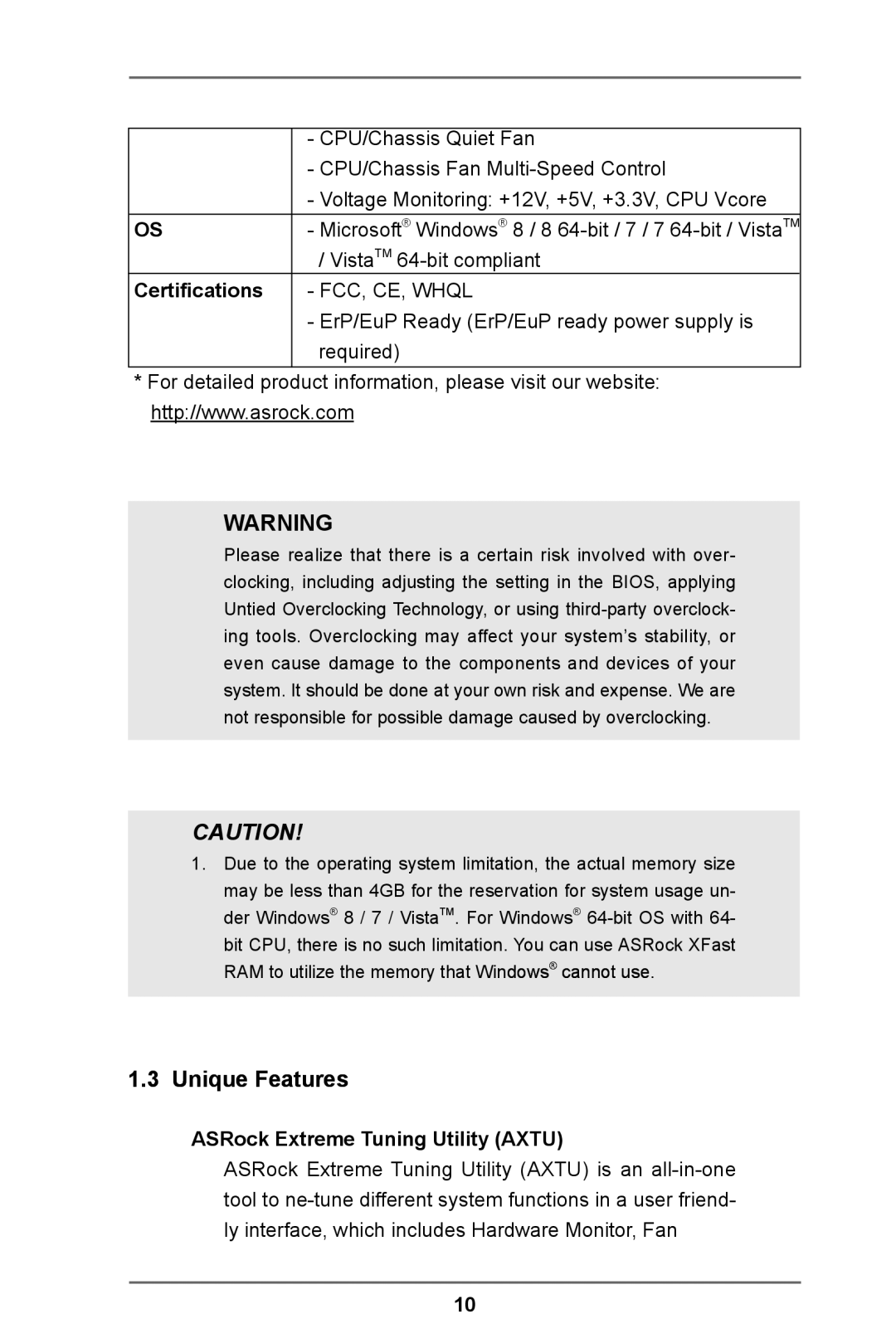 ASRock Z77 Extreme11 manual Unique Features, Certifications, ASRock Extreme Tuning Utility Axtu 