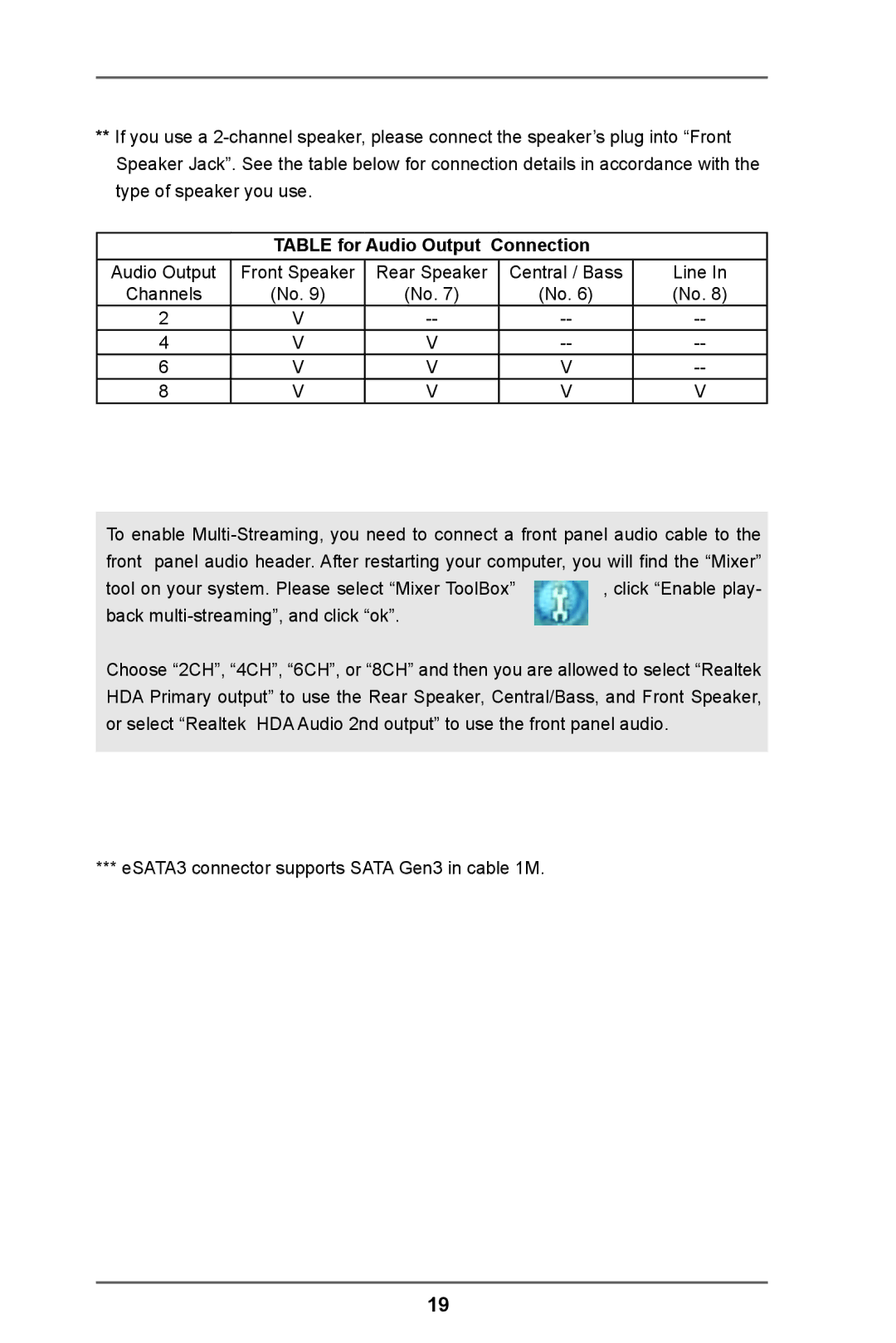 ASRock Z77 Extreme11 manual Table for Audio Output Connection 