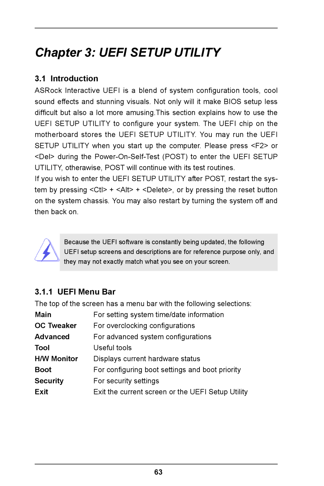 ASRock Z77 Extreme11 manual Introduction, Uefi Menu Bar 