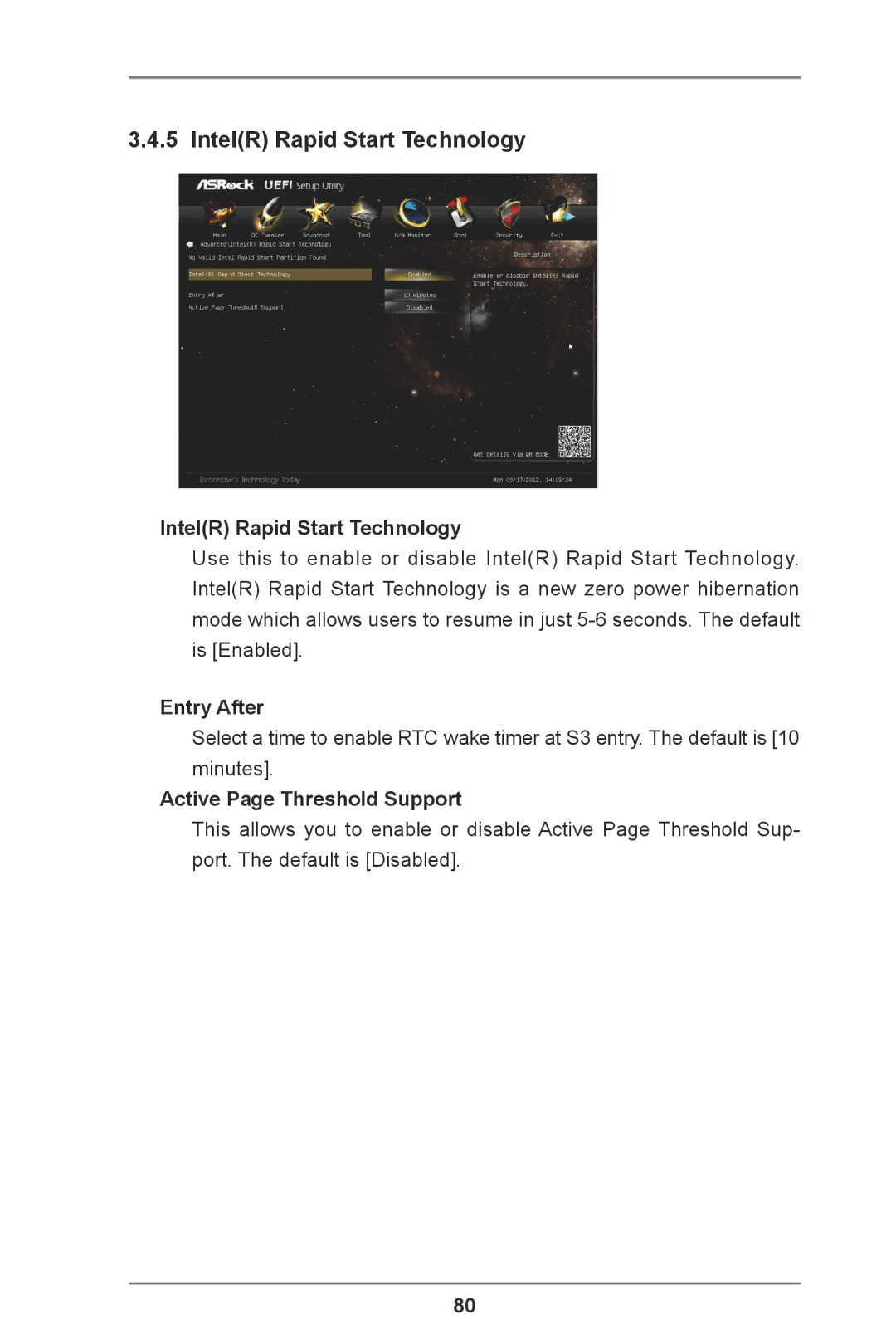 ASRock Z77 Extreme11 manual IntelR Rapid Start Technology, Entry After, Active Page Threshold Support 