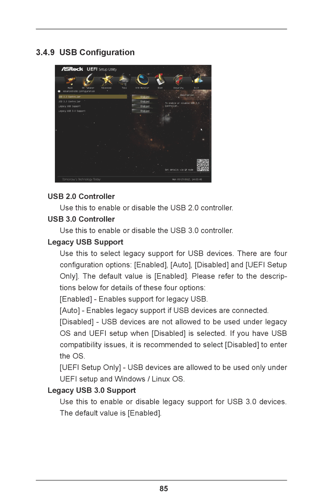 ASRock Z77 Extreme11 USB Configuration, USB 2.0 Controller, USB 3.0 Controller, Legacy USB Support, Legacy USB 3.0 Support 