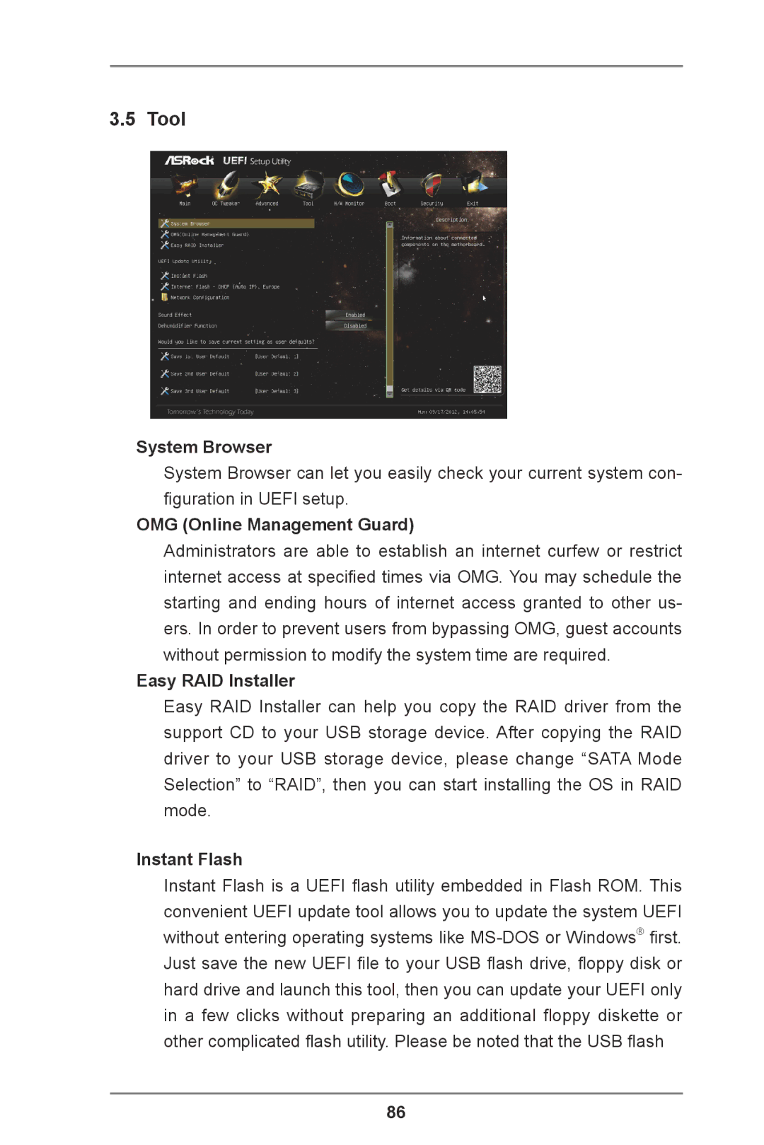 ASRock Z77 Extreme11 manual Tool, System Browser, OMG Online Management Guard, Easy RAID Installer, Instant Flash 