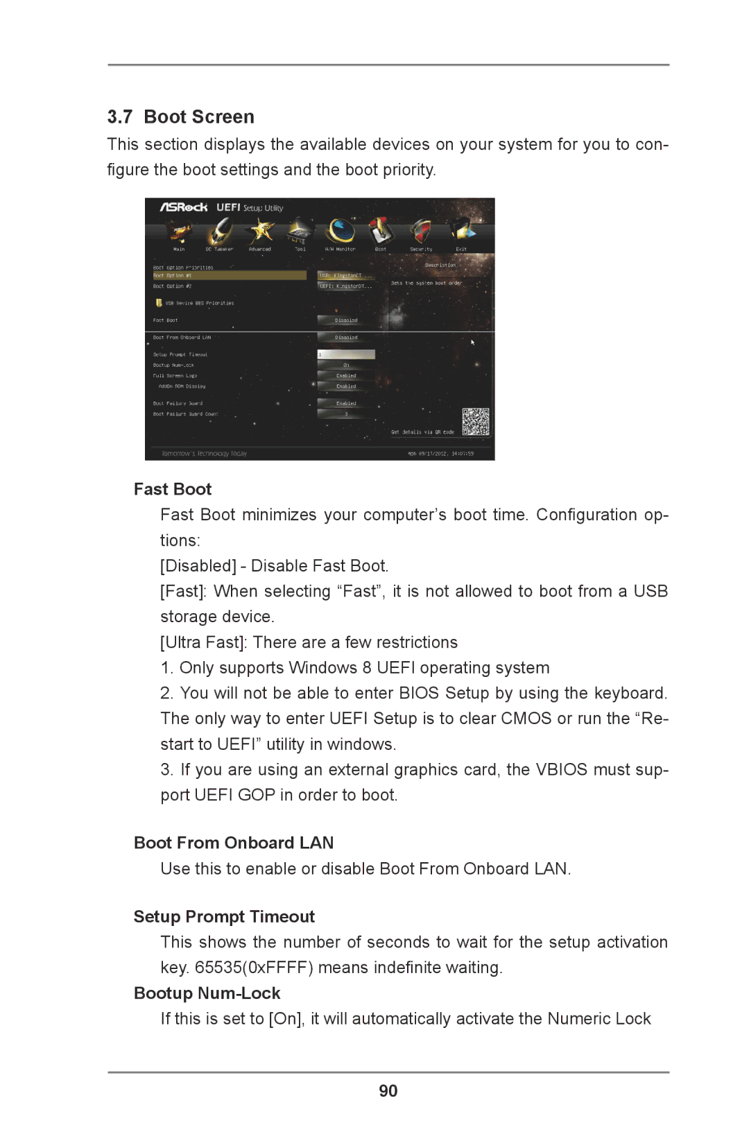 ASRock Z77 Extreme11 manual Boot Screen, Fast Boot, Boot From Onboard LAN, Setup Prompt Timeout, Bootup Num-Lock 