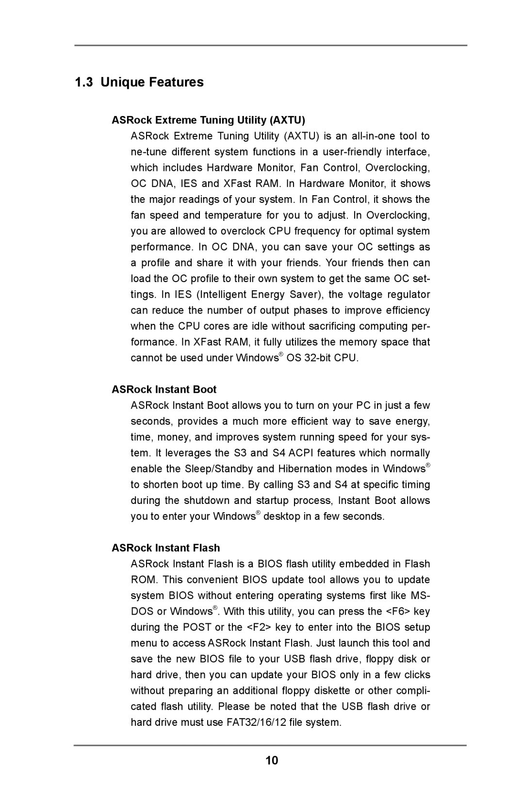 ASRock Z77 Extreme3 manual Unique Features, ASRock Extreme Tuning Utility Axtu, ASRock Instant Boot, ASRock Instant Flash 