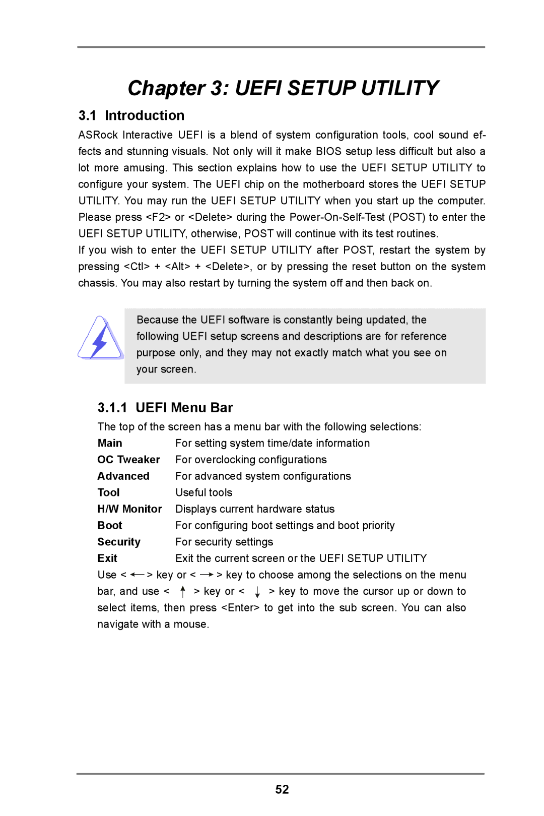 ASRock Z77 Extreme3 manual Introduction, Uefi Menu Bar 