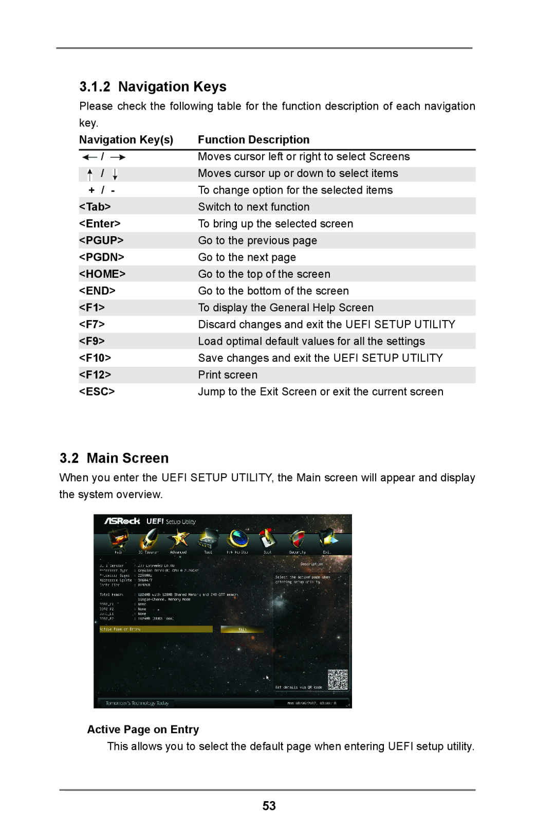 ASRock Z77 Extreme3 manual Main Screen, Navigation Keys + / Tab Enter Pgup Pgdn Home, F10 F12, Active Page on Entry 