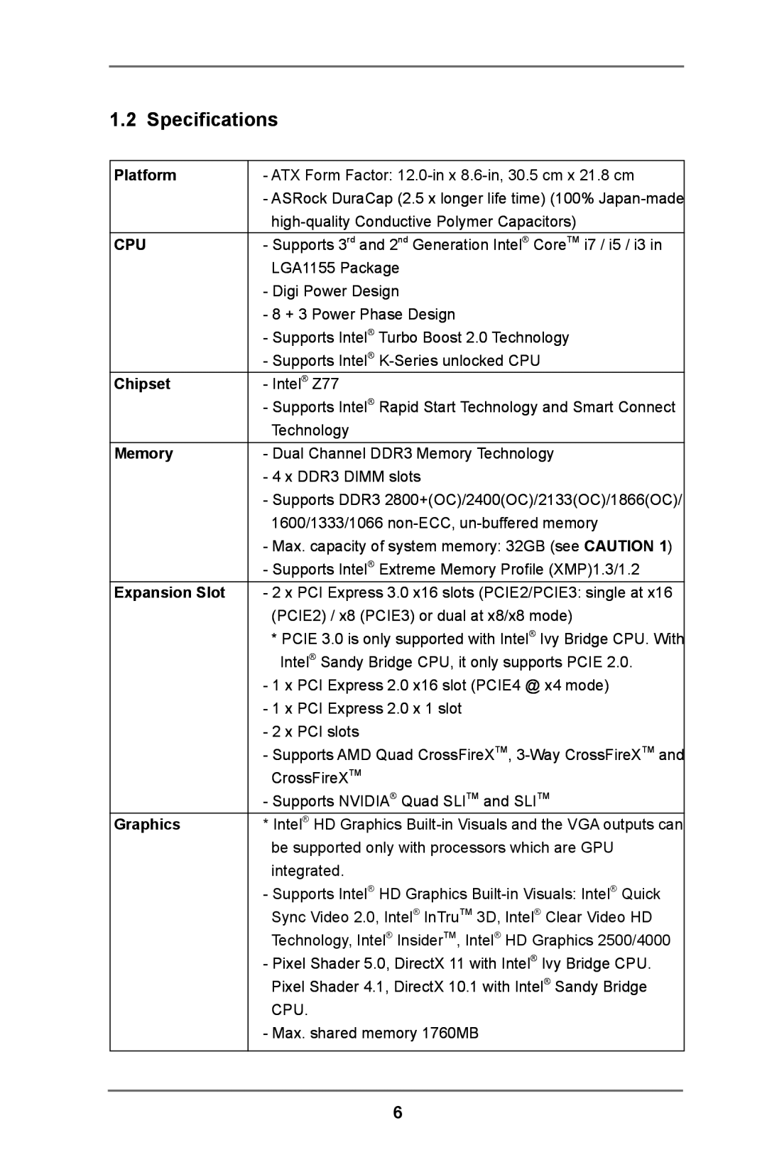 ASRock Z77 Extreme3 manual Specifications 