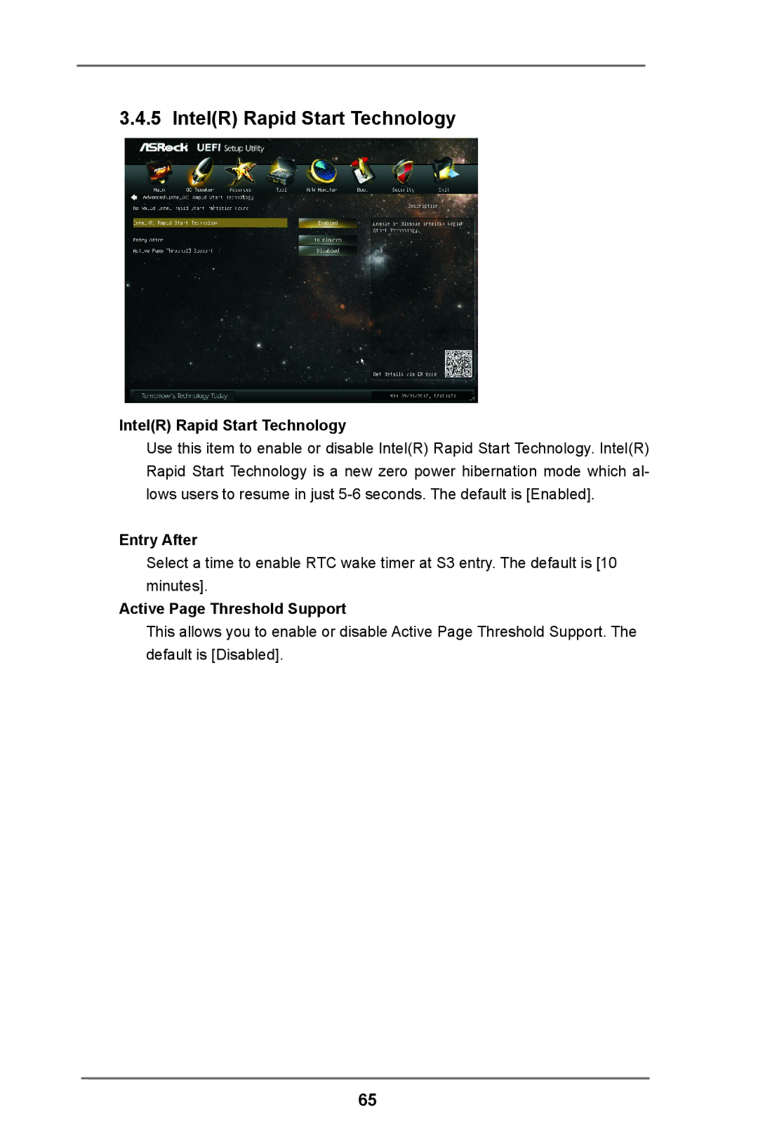 ASRock Z77 Extreme3 manual IntelR Rapid Start Technology, Entry After, Active Page Threshold Support 