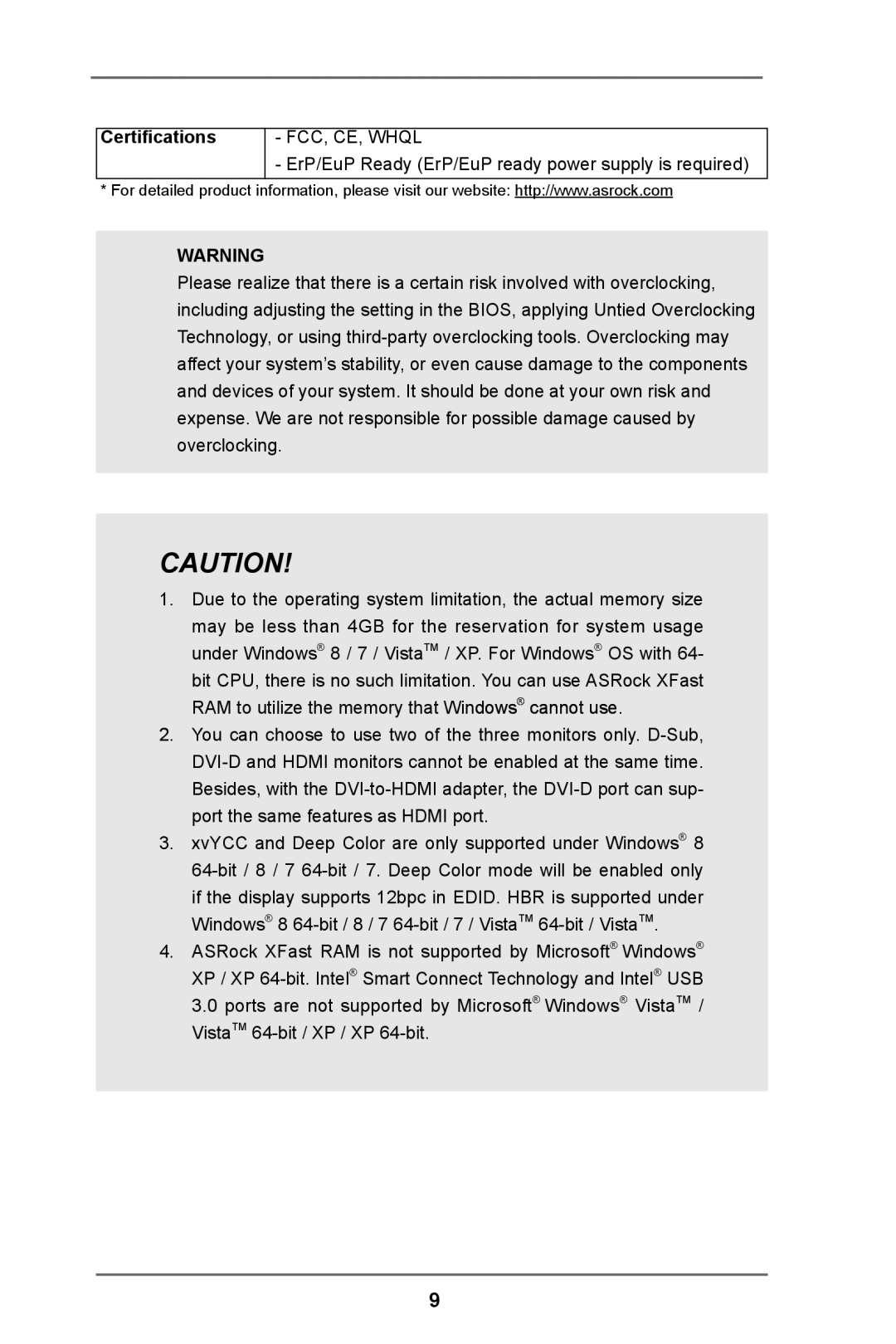 ASRock Z77 Extreme3 manual Certifications, FCC, CE, Whql 