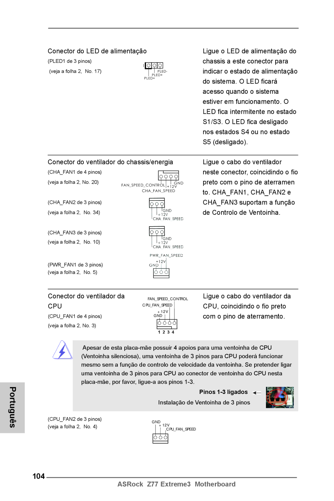 ASRock Z77 Extreme3 manual 104, Conector do LED de alimentação, Conector do ventilador da, CPU, coincidindo o fio preto 