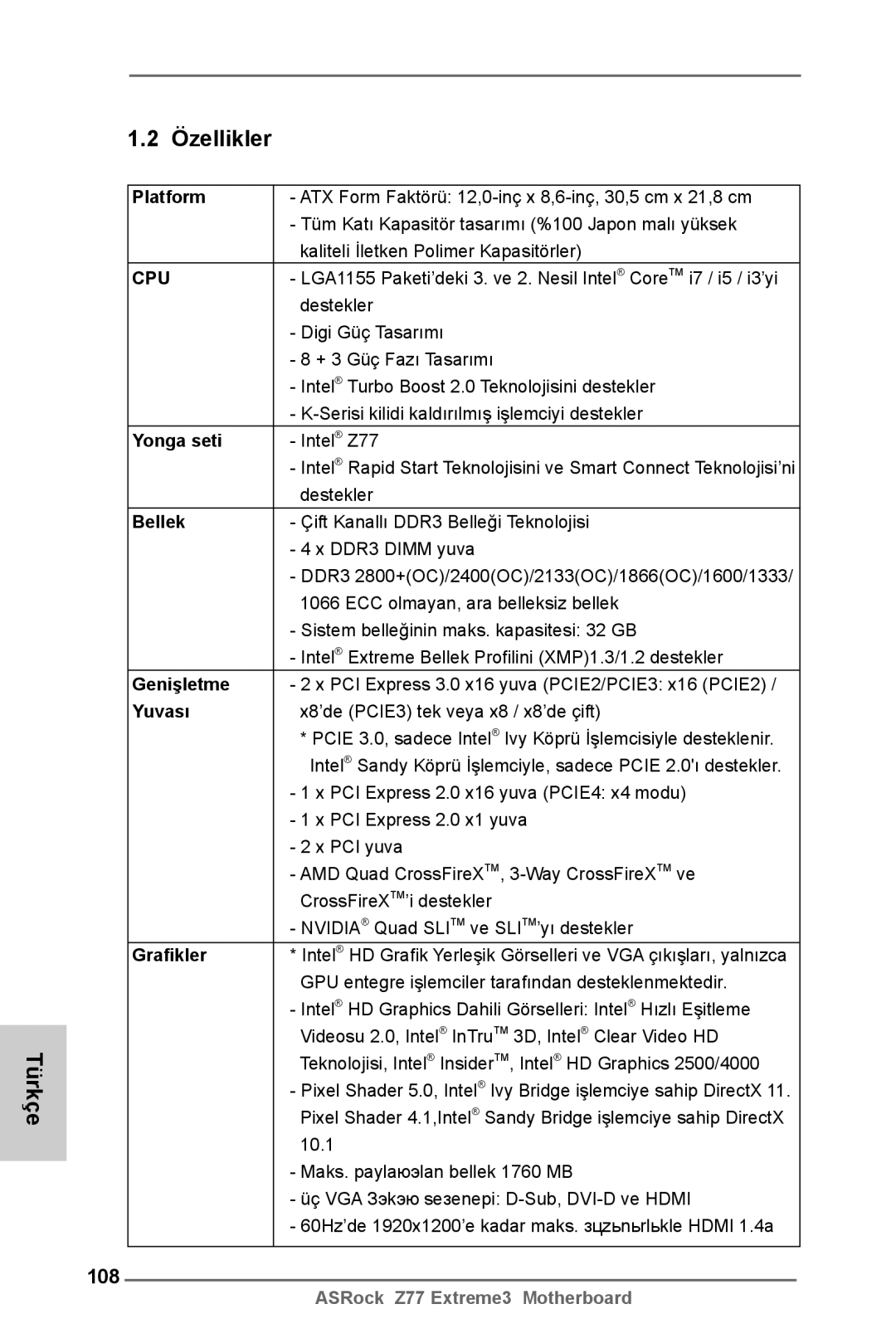 ASRock Z77 Extreme3 manual Özellikler, 108 