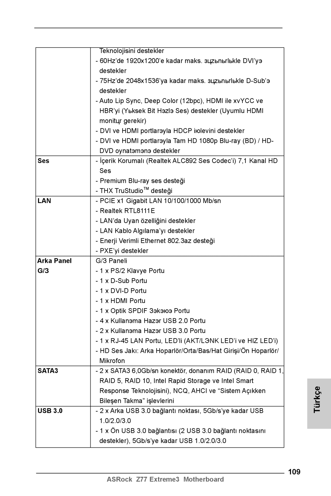 ASRock Z77 Extreme3 manual 109, Ses, Arka Panel 