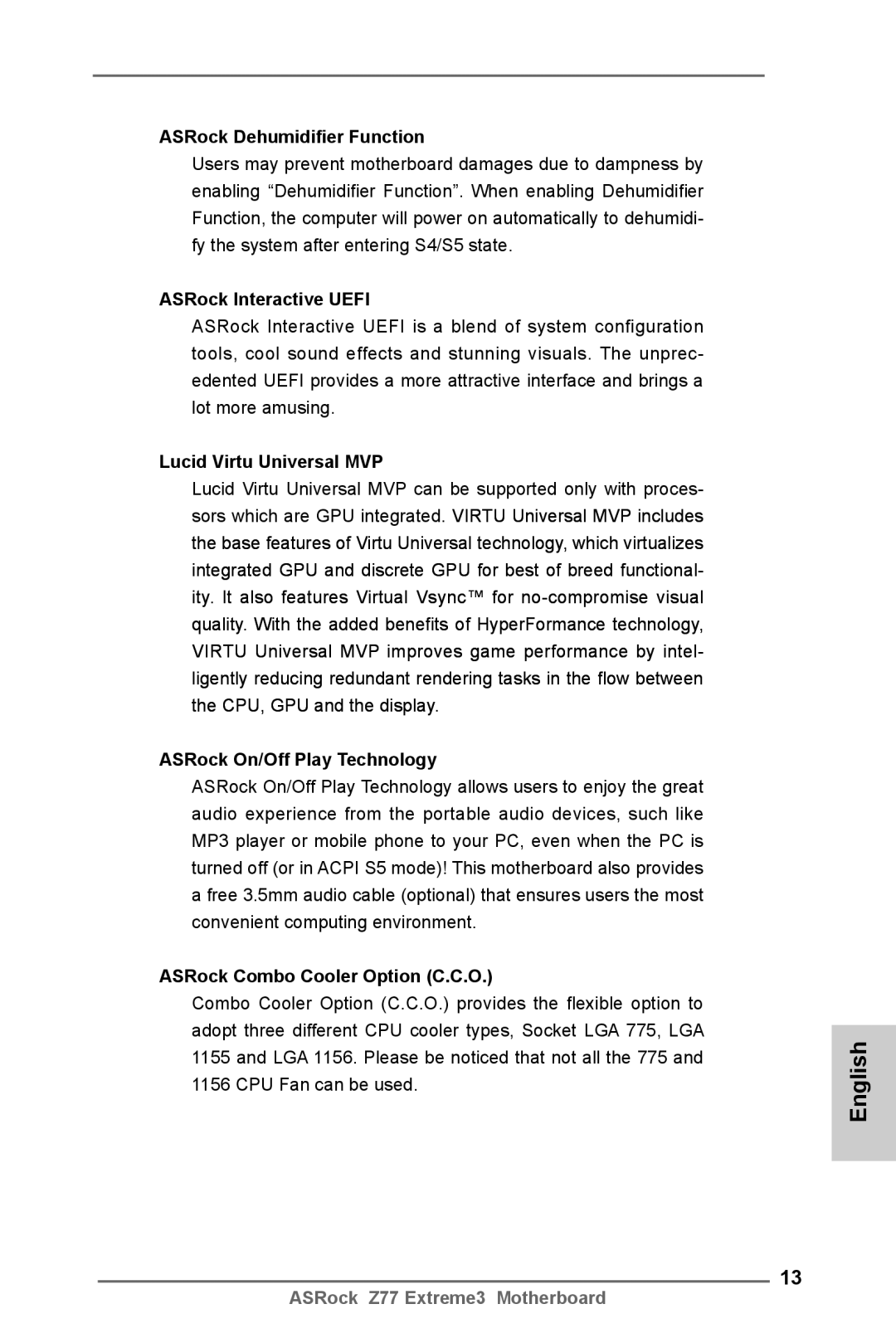 ASRock Z77 Extreme3 manual ASRock Dehumidifier Function, ASRock Interactive Uefi, Lucid Virtu Universal MVP 