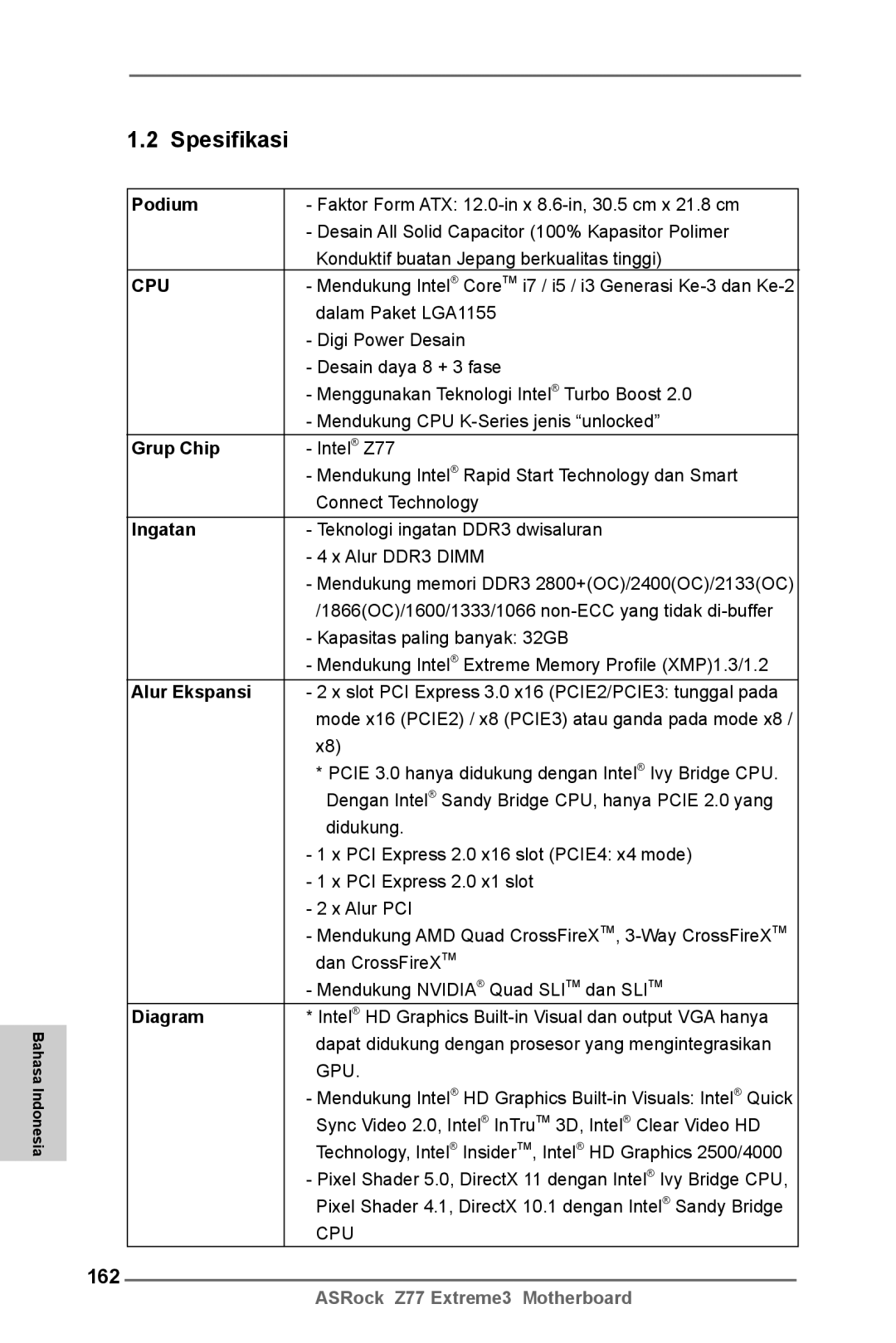 ASRock Z77 Extreme3 manual Spesifikasi, 162 