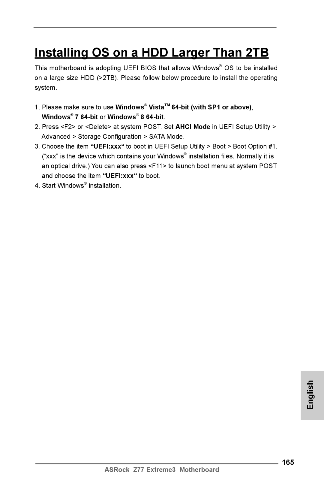 ASRock Z77 Extreme3 manual Installing OS on a HDD Larger Than 2TB, 165 
