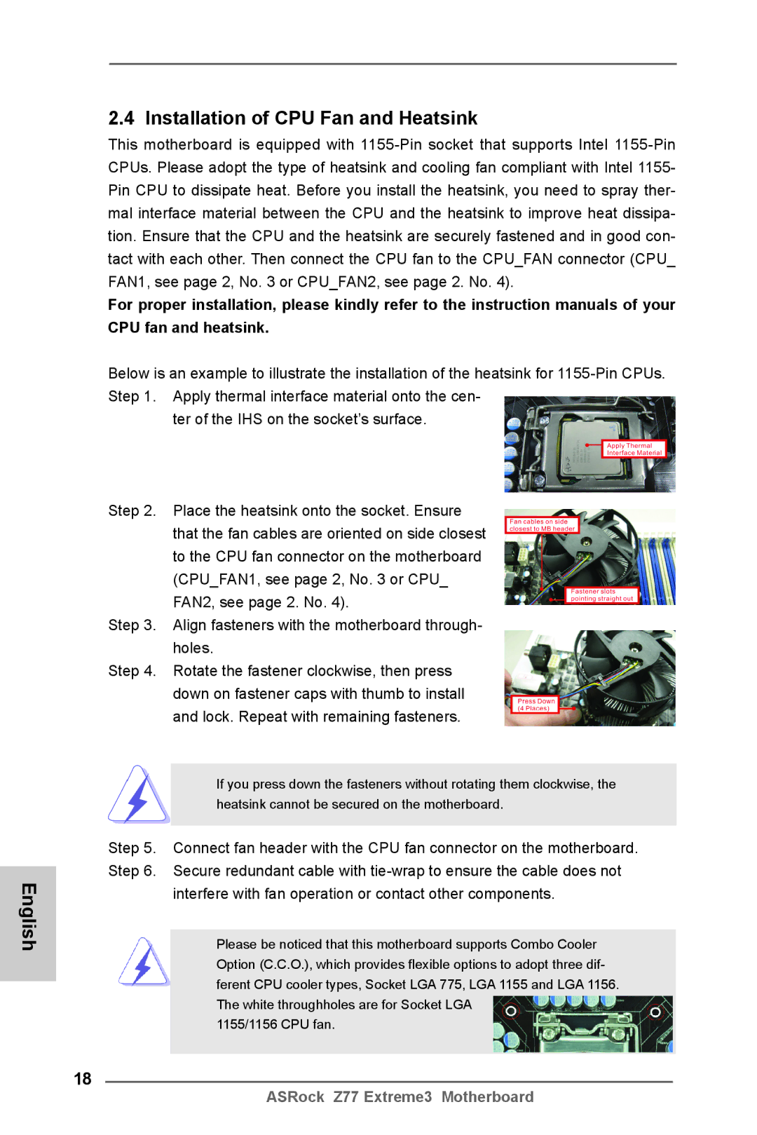 ASRock Z77 Extreme3 manual Installation of CPU Fan and Heatsink 