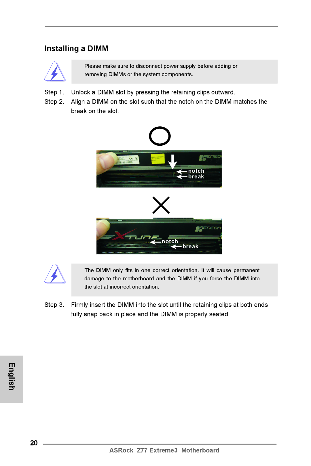 ASRock Z77 Extreme3 manual Installing a Dimm, Notch break Break 