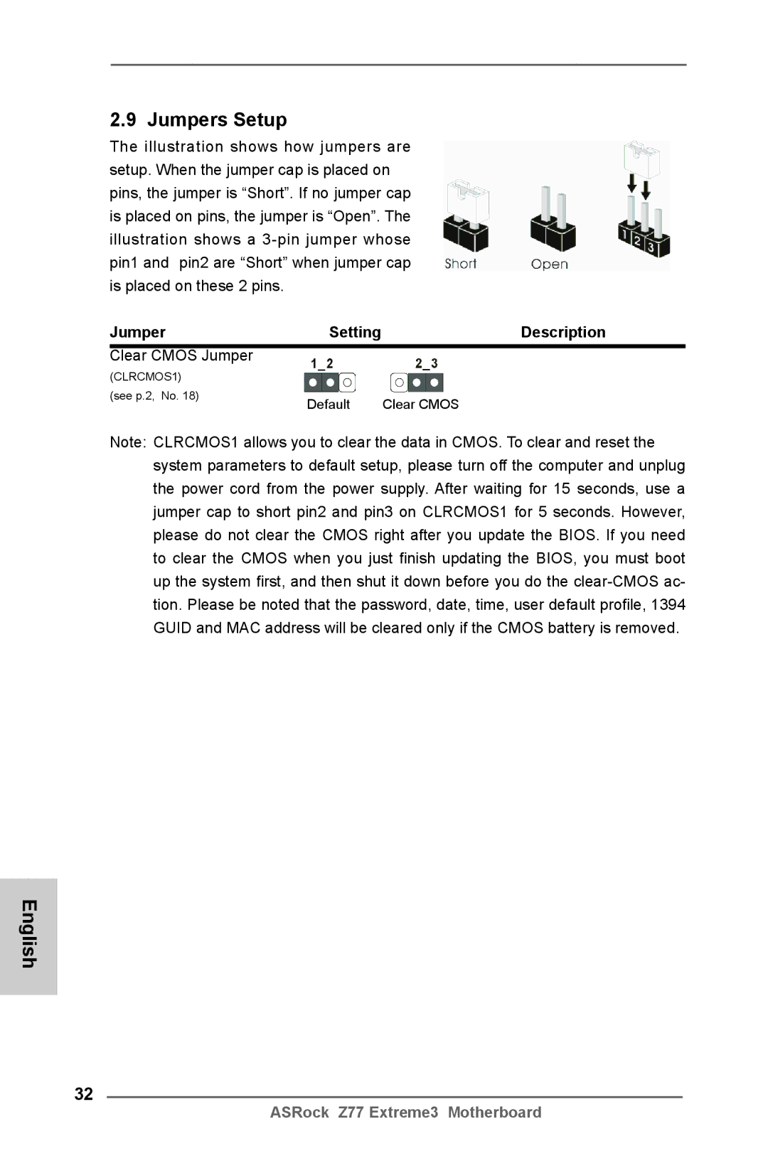 ASRock Z77 Extreme3 manual Jumpers Setup, Description, Clear Cmos Jumper 