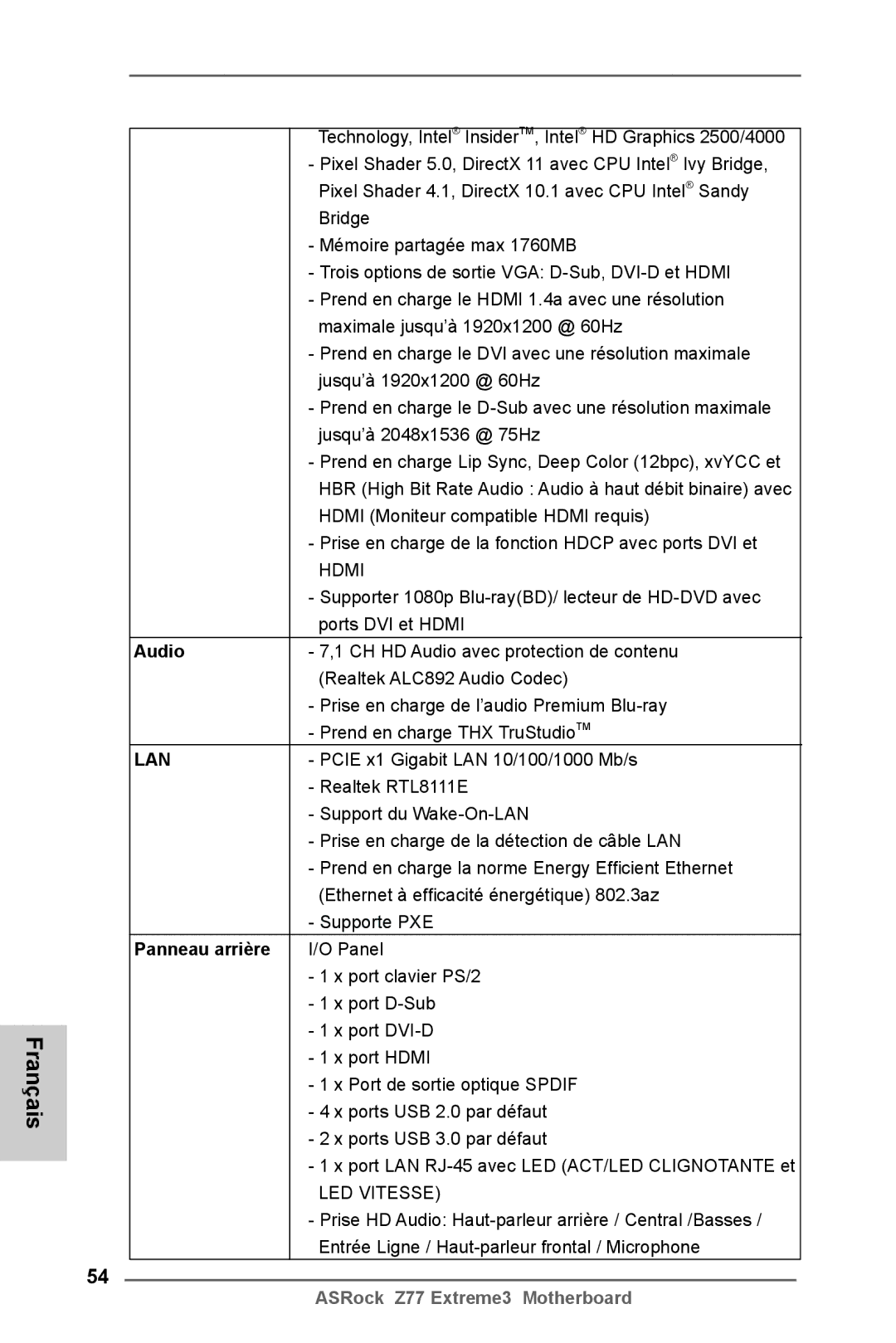 ASRock Z77 Extreme3 manual Panneau arrière, LED Vitesse 