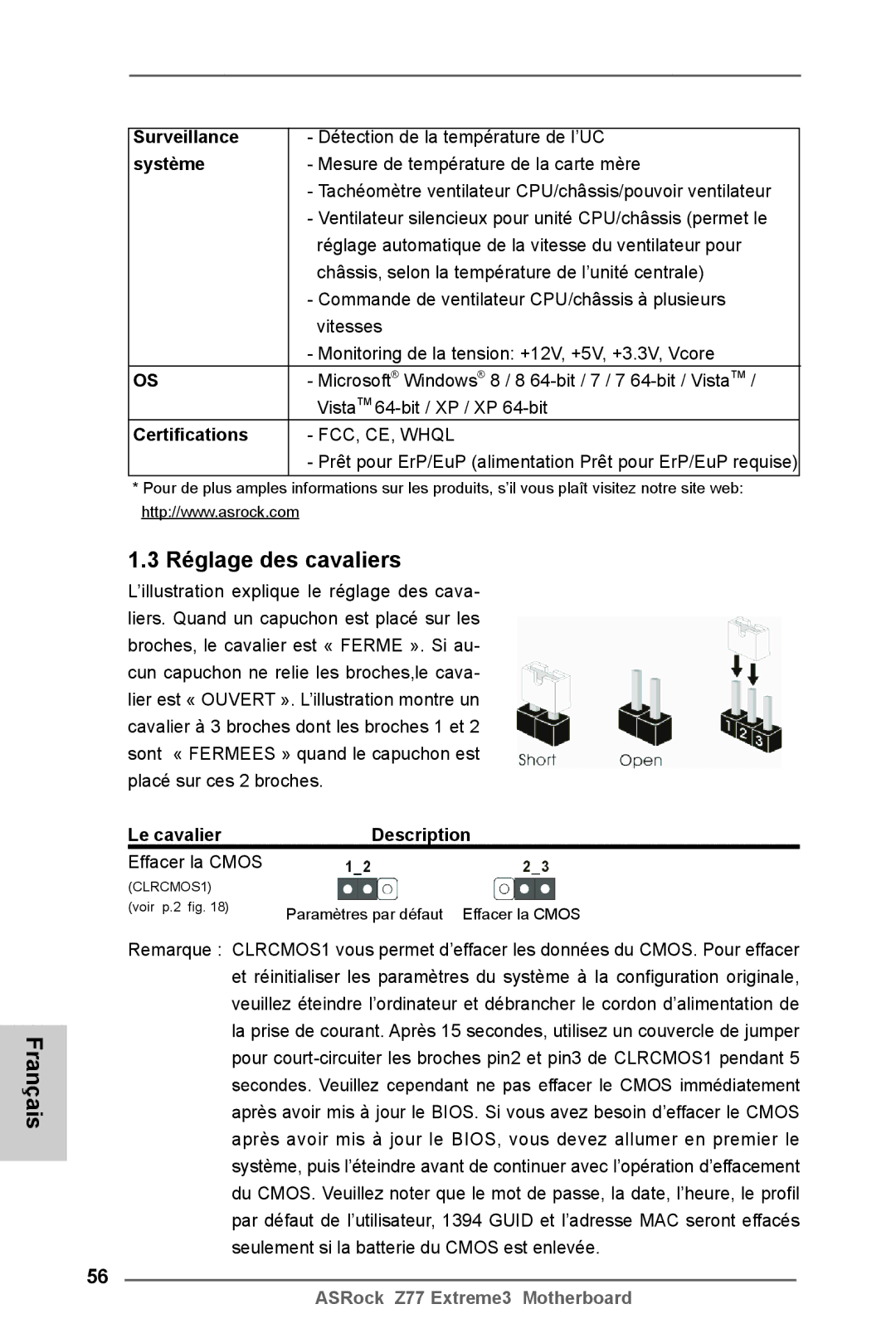 ASRock Z77 Extreme3 manual Réglage des cavaliers, Surveillance, Système, Le cavalier Description 