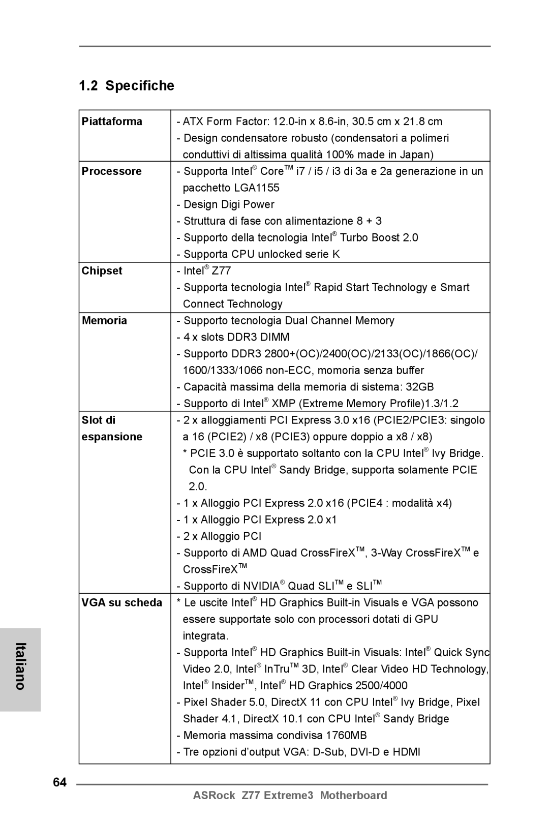 ASRock Z77 Extreme3 manual Italiano Specifiche 