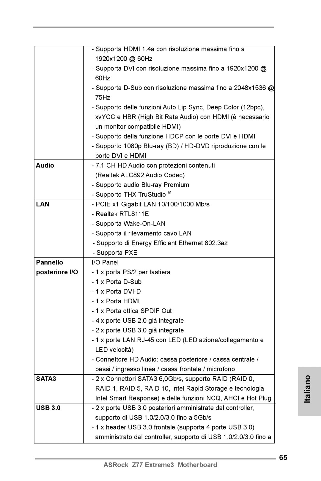 ASRock Z77 Extreme3 manual Pannello, Posteriore I/O, Italiano 