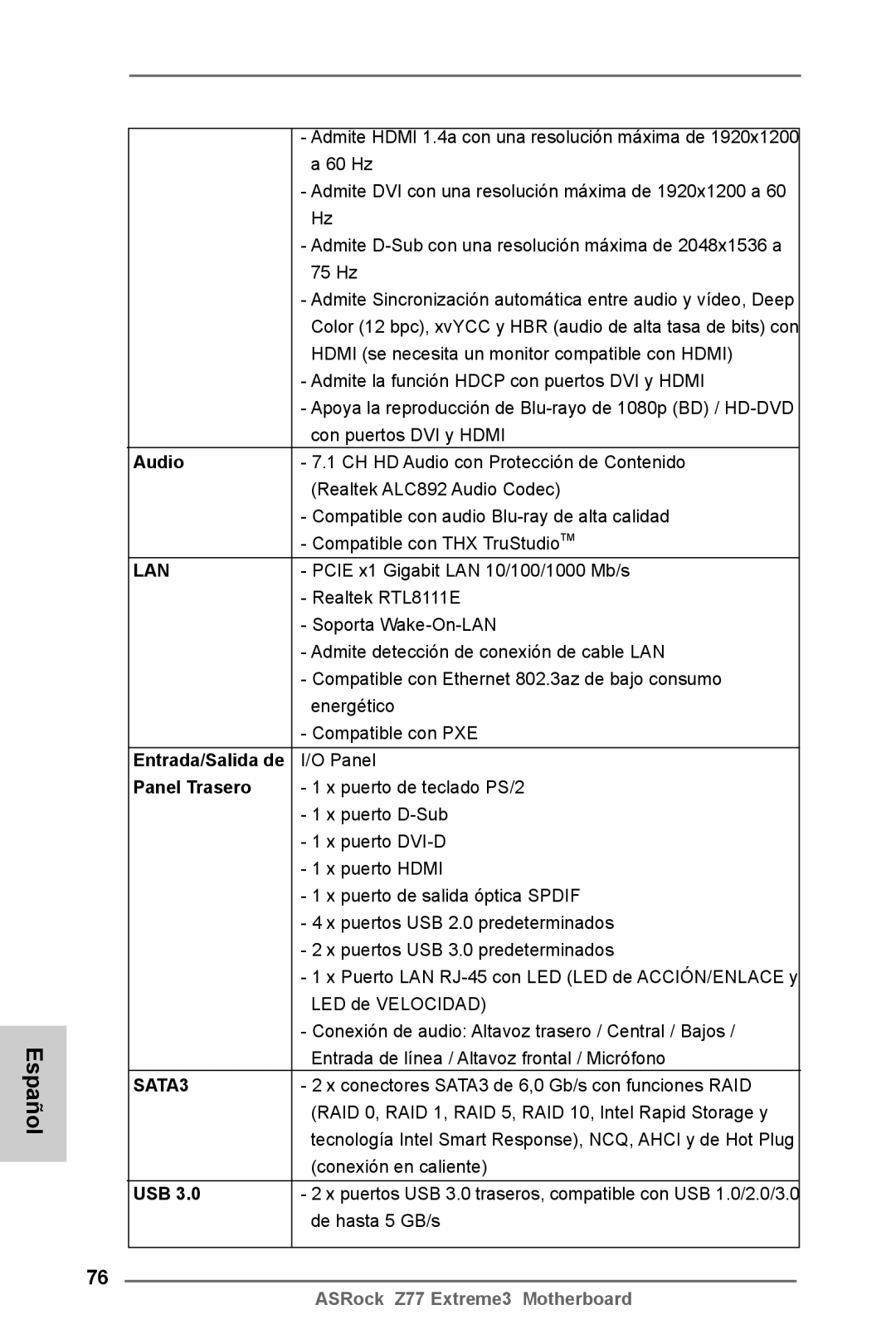 ASRock Z77 Extreme3 manual Con puertos DVI y Hdmi, Panel Trasero, De hasta 5 GB/s 