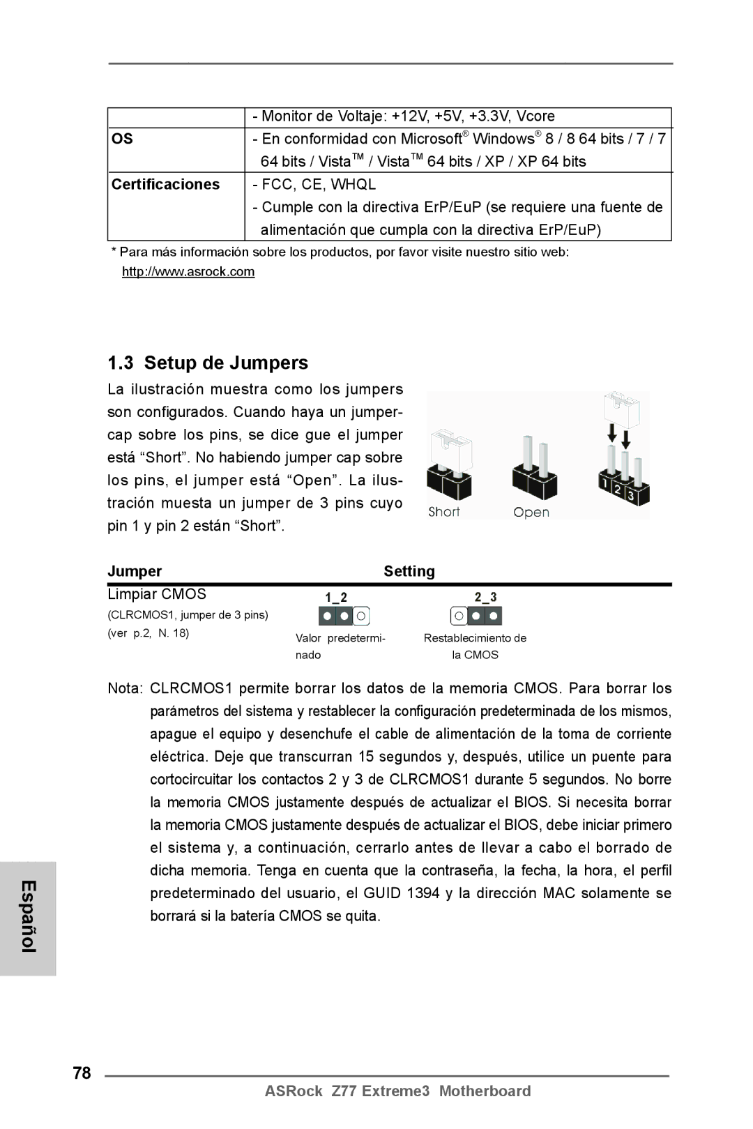 ASRock Z77 Extreme3 manual Español Setup de Jumpers, Certificaciones, Jumper Setting, Limpiar Cmos 