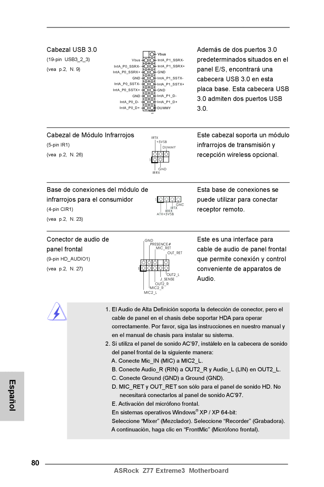 ASRock Z77 Extreme3 manual Infrarrojos para el consumidor, Receptor remoto, Conector de audio de, Panel frontal 