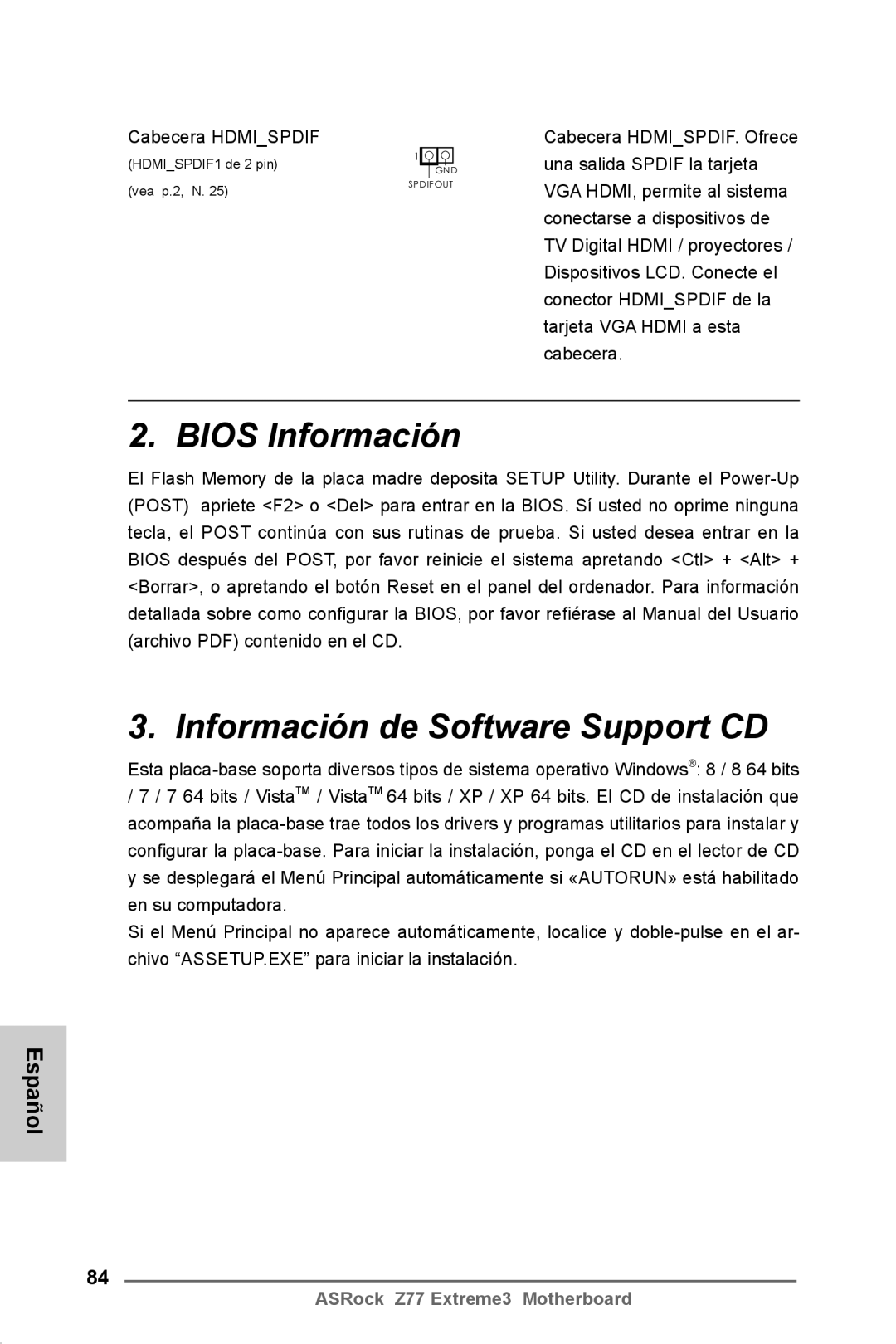 ASRock Z77 Extreme3 manual Bios Información Información de Software Support CD, Cabecera Hdmispdif 