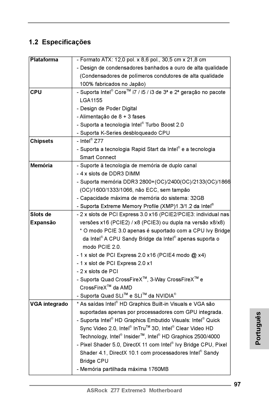 ASRock Z77 Extreme3 manual Especificações, Memória, Slots de, Expansão, VGA integrado 