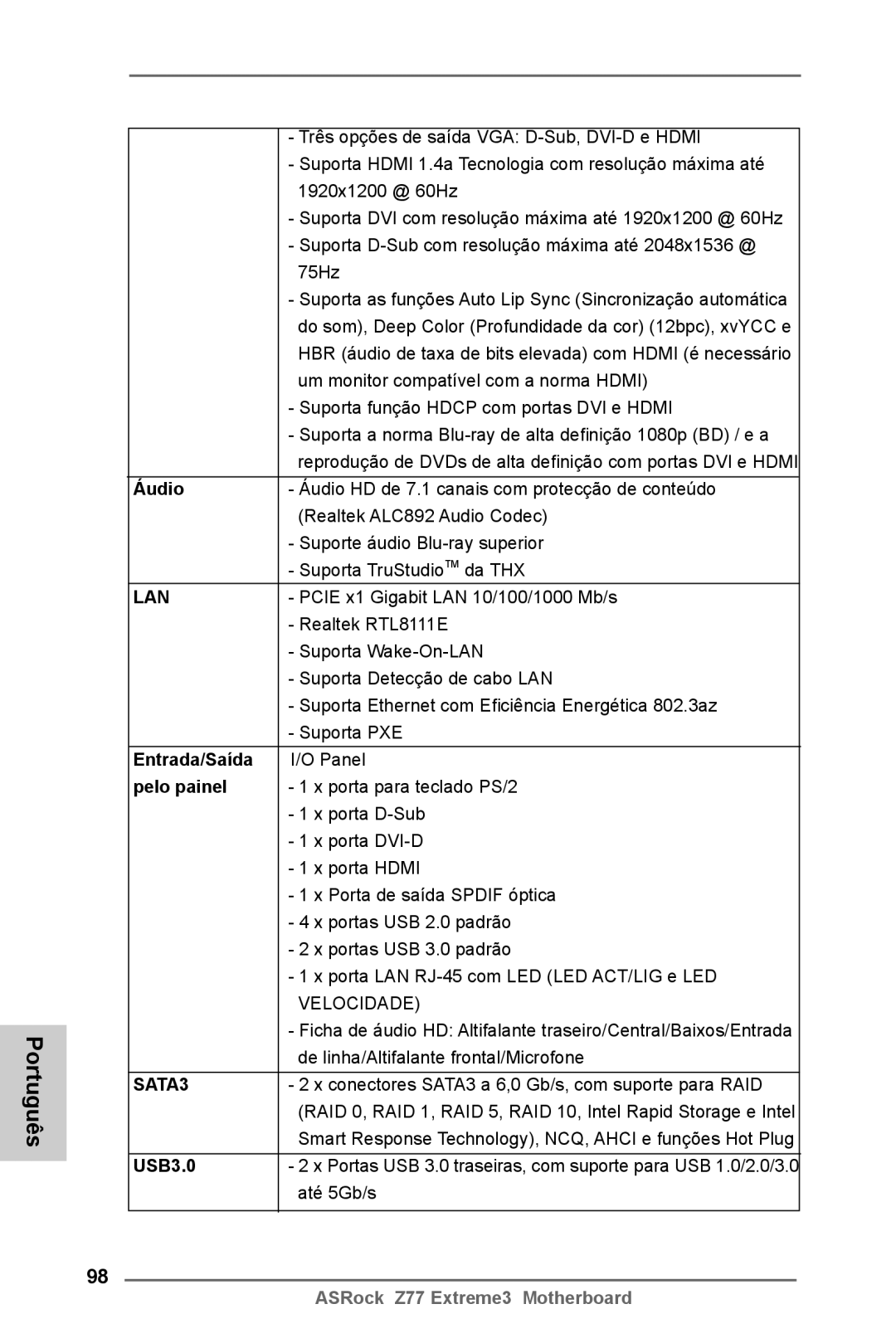 ASRock Z77 Extreme3 manual Áudio, Entrada/Saída, Pelo painel 