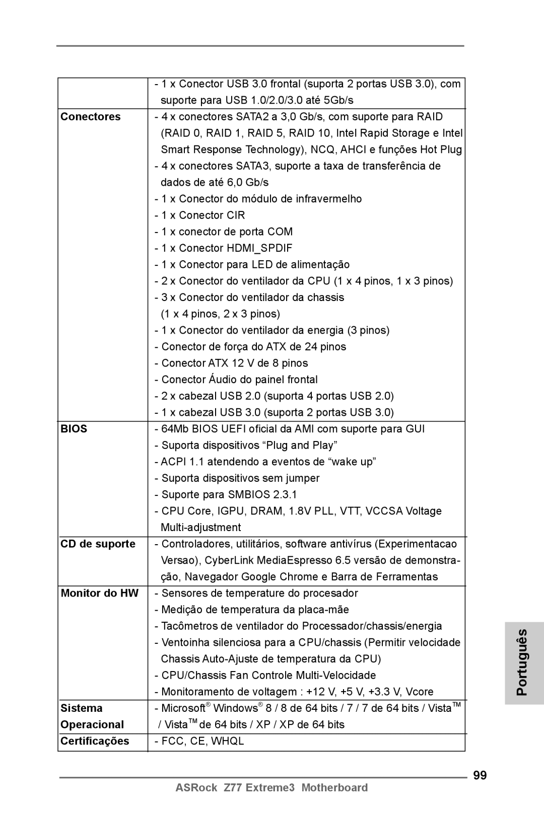 ASRock Z77 Extreme3 manual CD de suporte, Monitor do HW, Sistema, Operacional, Certificações 