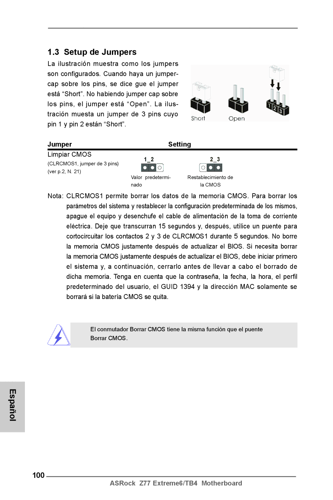 ASRock Z77 Extreme6/TB4 manual Setup de Jumpers, 100, Jumper Setting, Limpiar Cmos 