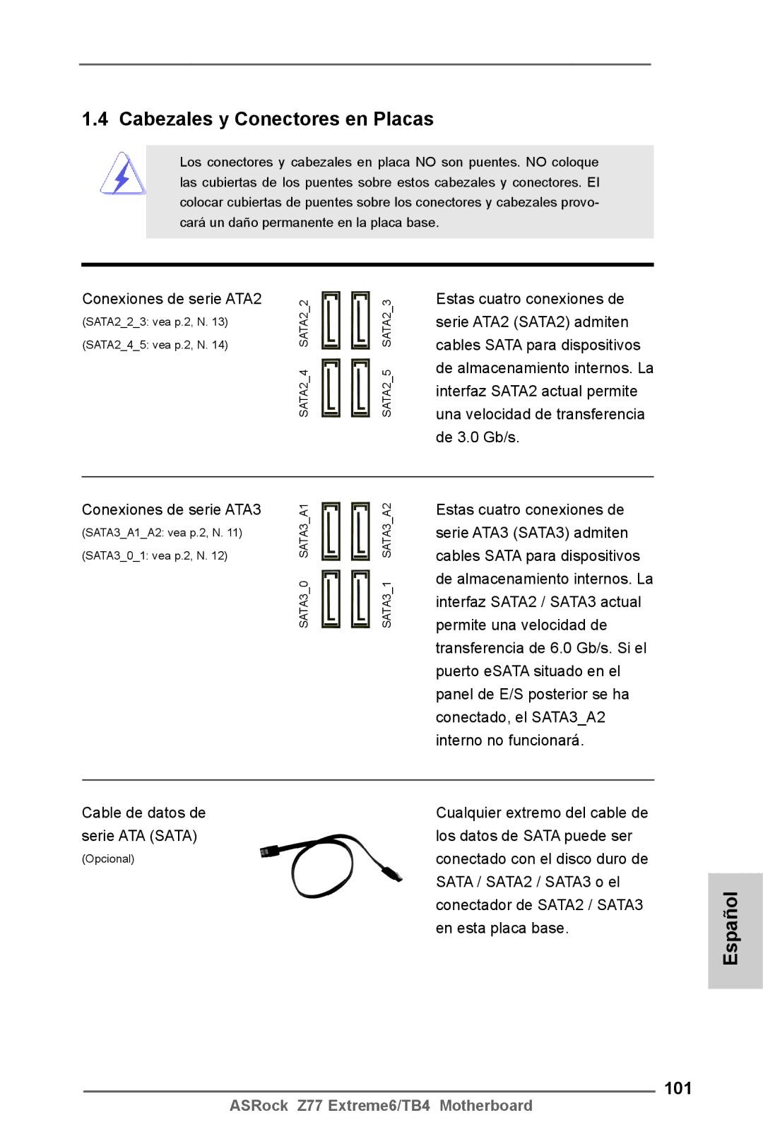 ASRock Z77 Extreme6/TB4 manual Cabezales y Conectores en Placas, 101 