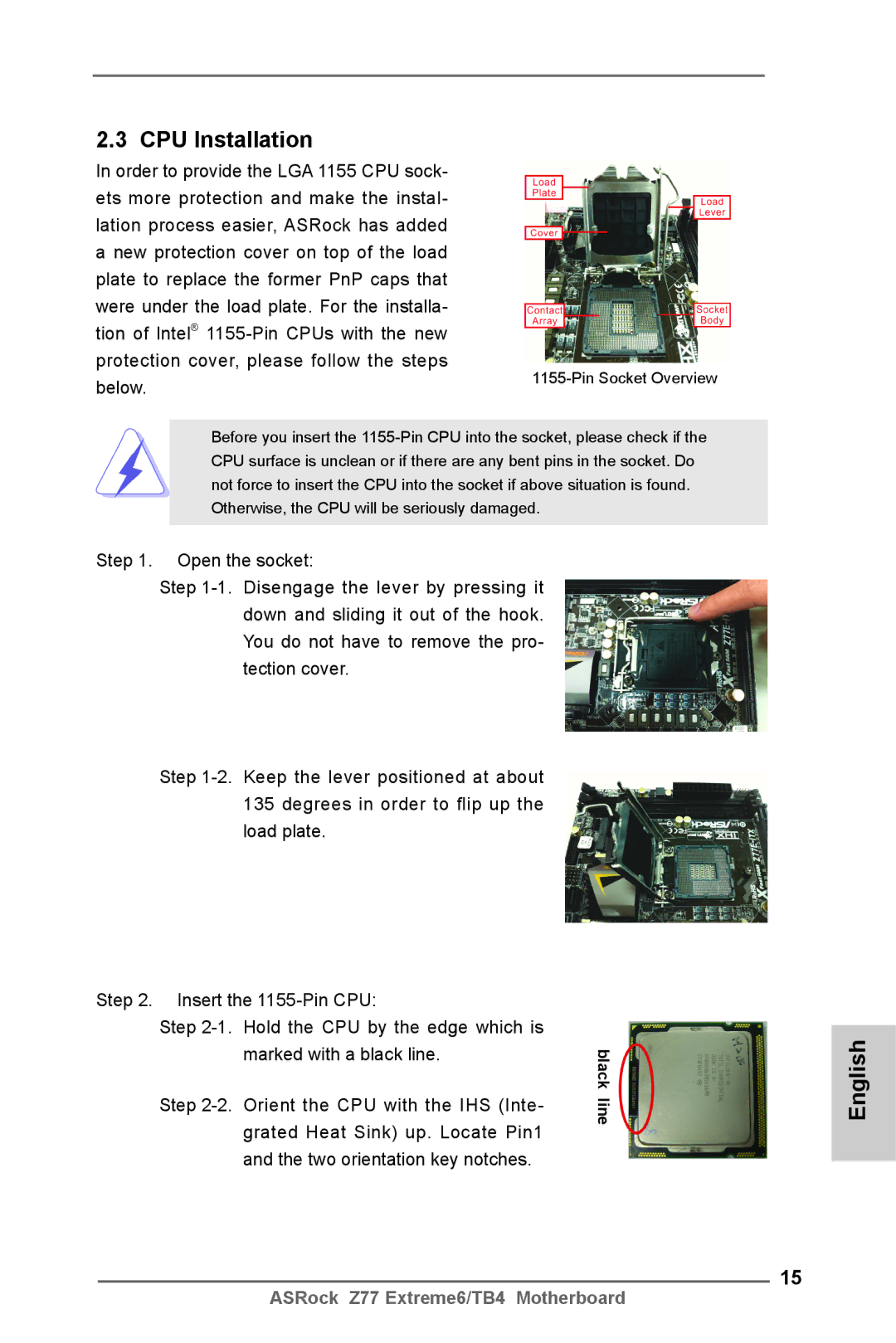 ASRock Z77 Extreme6/TB4 manual CPU Installation, Step Orient the CPU with the IHS Inte, Grated Heat Sink up. Locate Pin1 