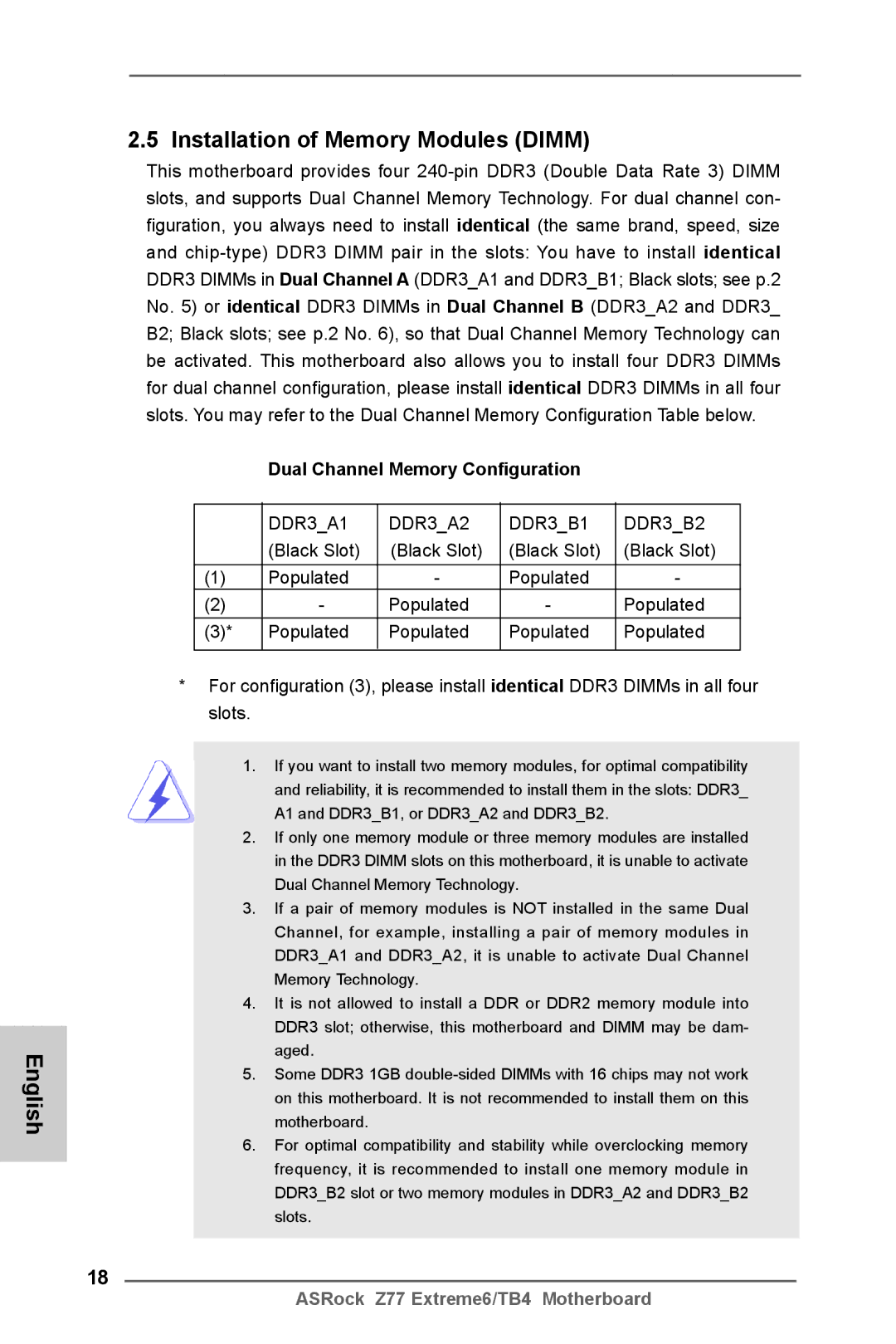 ASRock Z77 Extreme6/TB4 manual English Installation of Memory Modules Dimm, Dual Channel Memory Configuration 