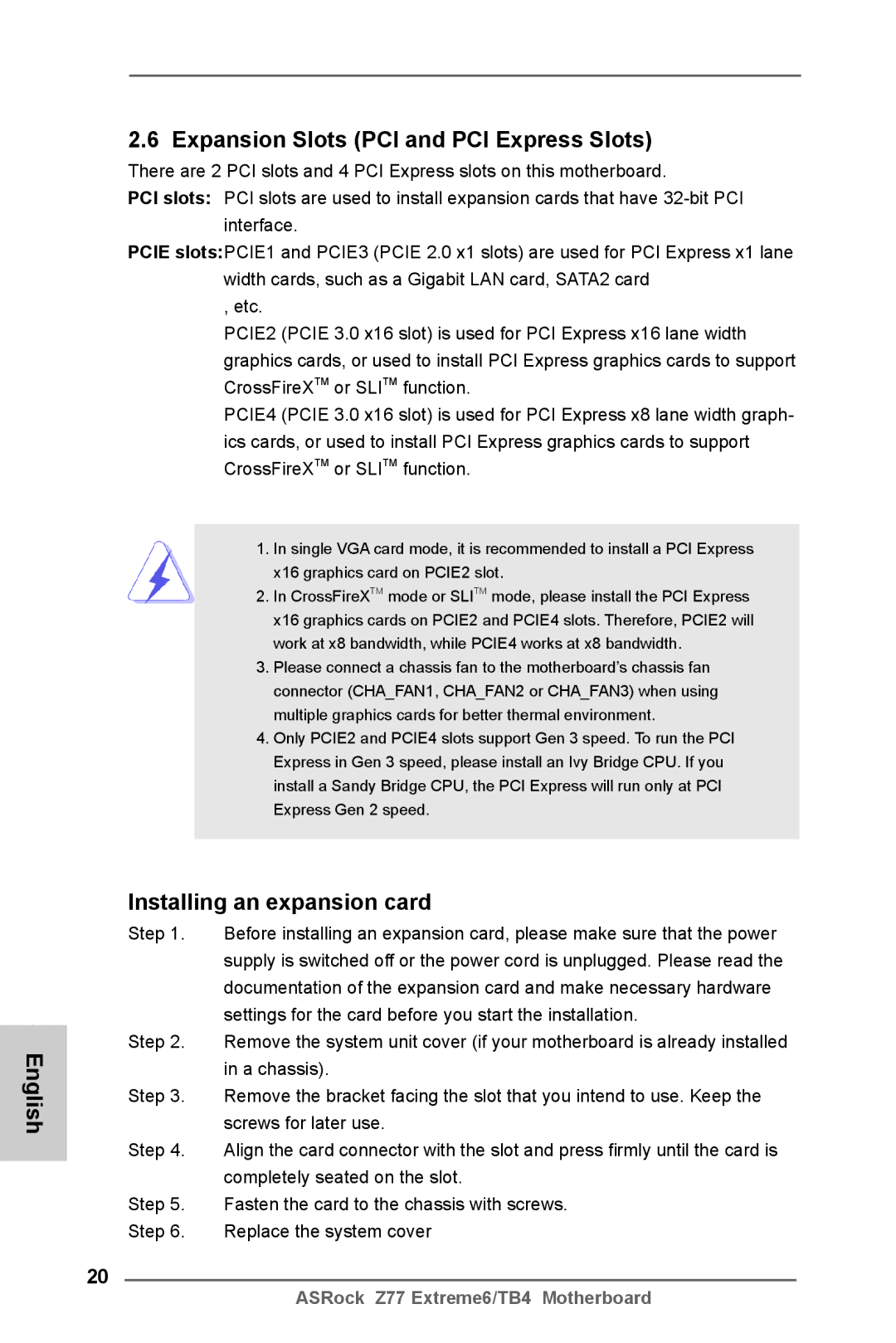 ASRock Z77 Extreme6/TB4 manual English Expansion Slots PCI and PCI Express Slots, Installing an expansion card 
