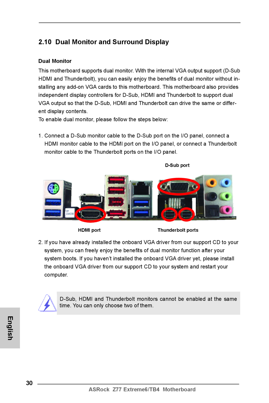 ASRock Z77 Extreme6/TB4 manual Dual Monitor and Surround Display, Sub port Hdmi port 