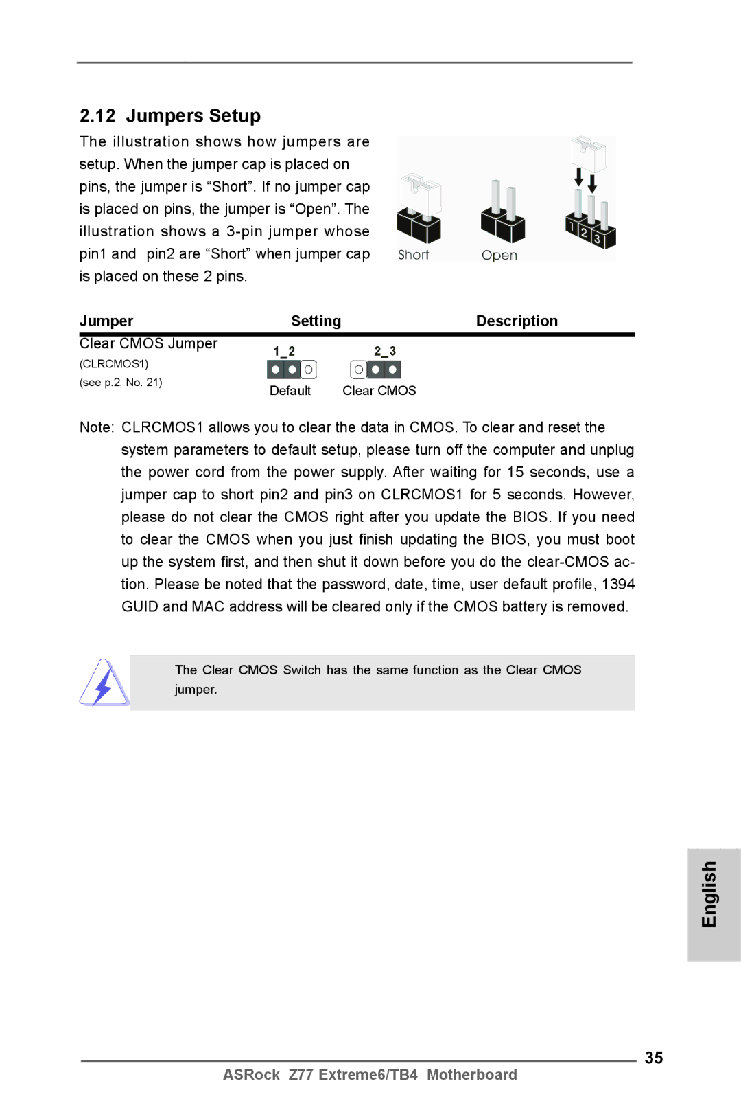 ASRock Z77 Extreme6/TB4 manual Jumpers Setup, Description, Clear Cmos Jumper 