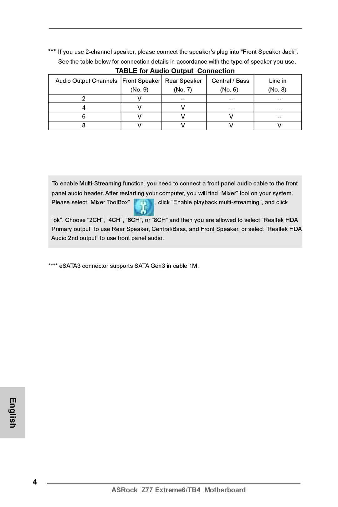 ASRock Z77 Extreme6/TB4 manual Table for Audio Output Connection 