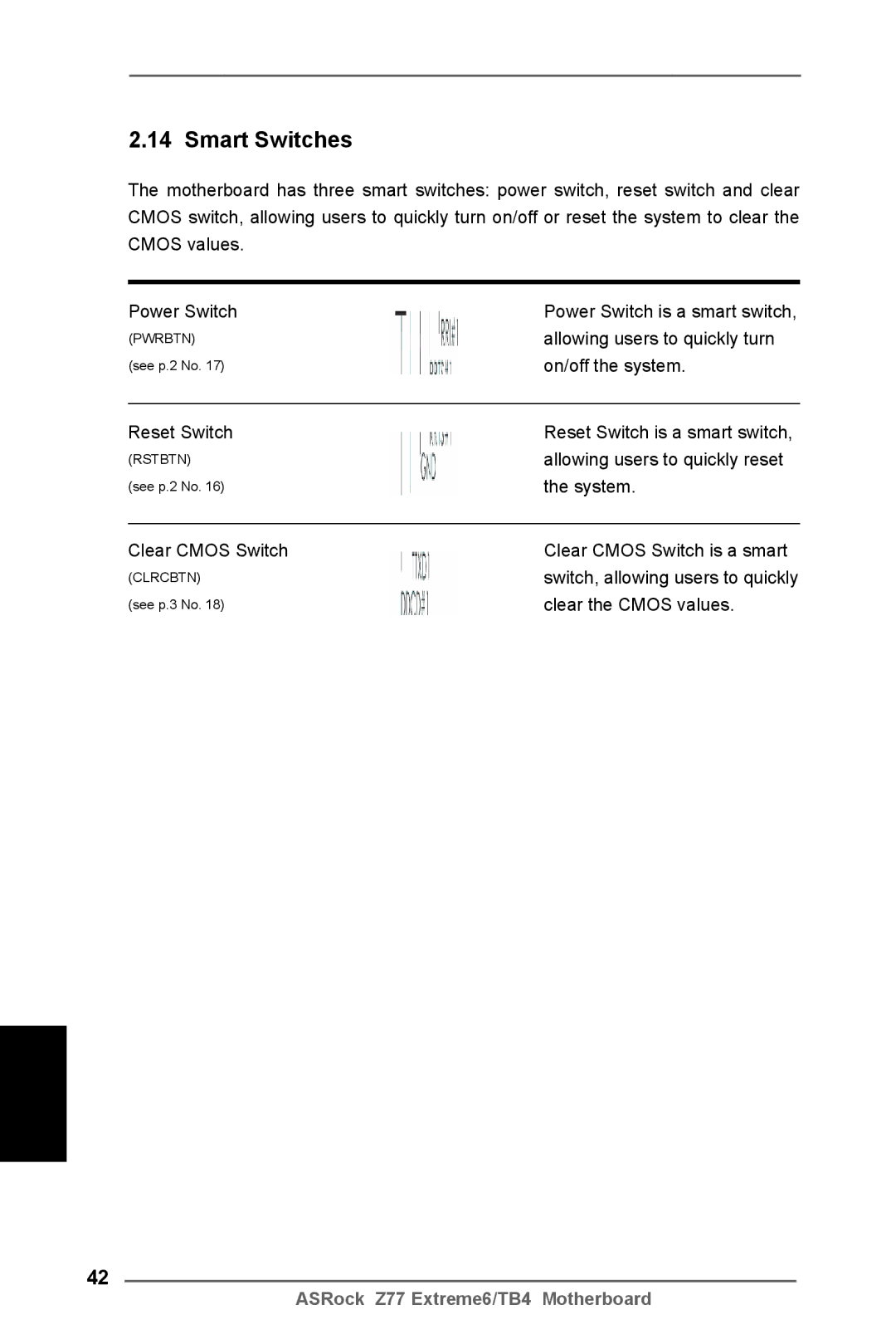 ASRock Z77 Extreme6/TB4 manual Smart Switches 