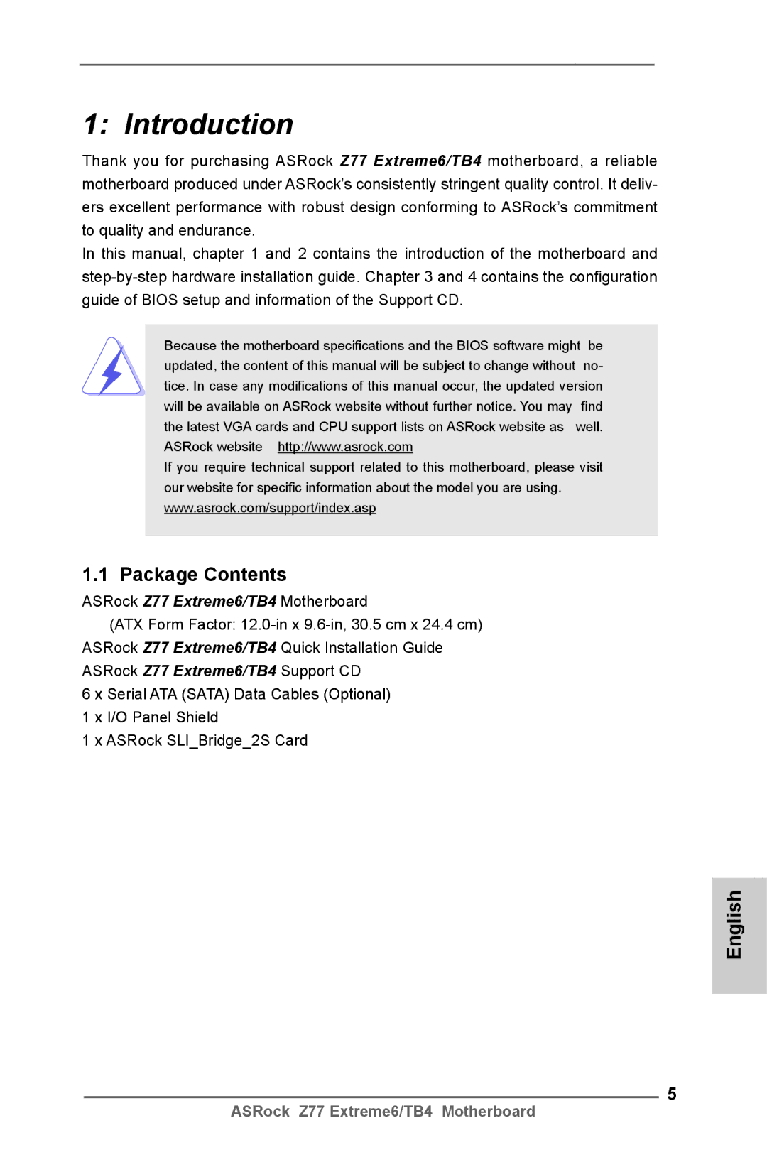 ASRock Z77 Extreme6/TB4 manual Introduction, Package Contents 