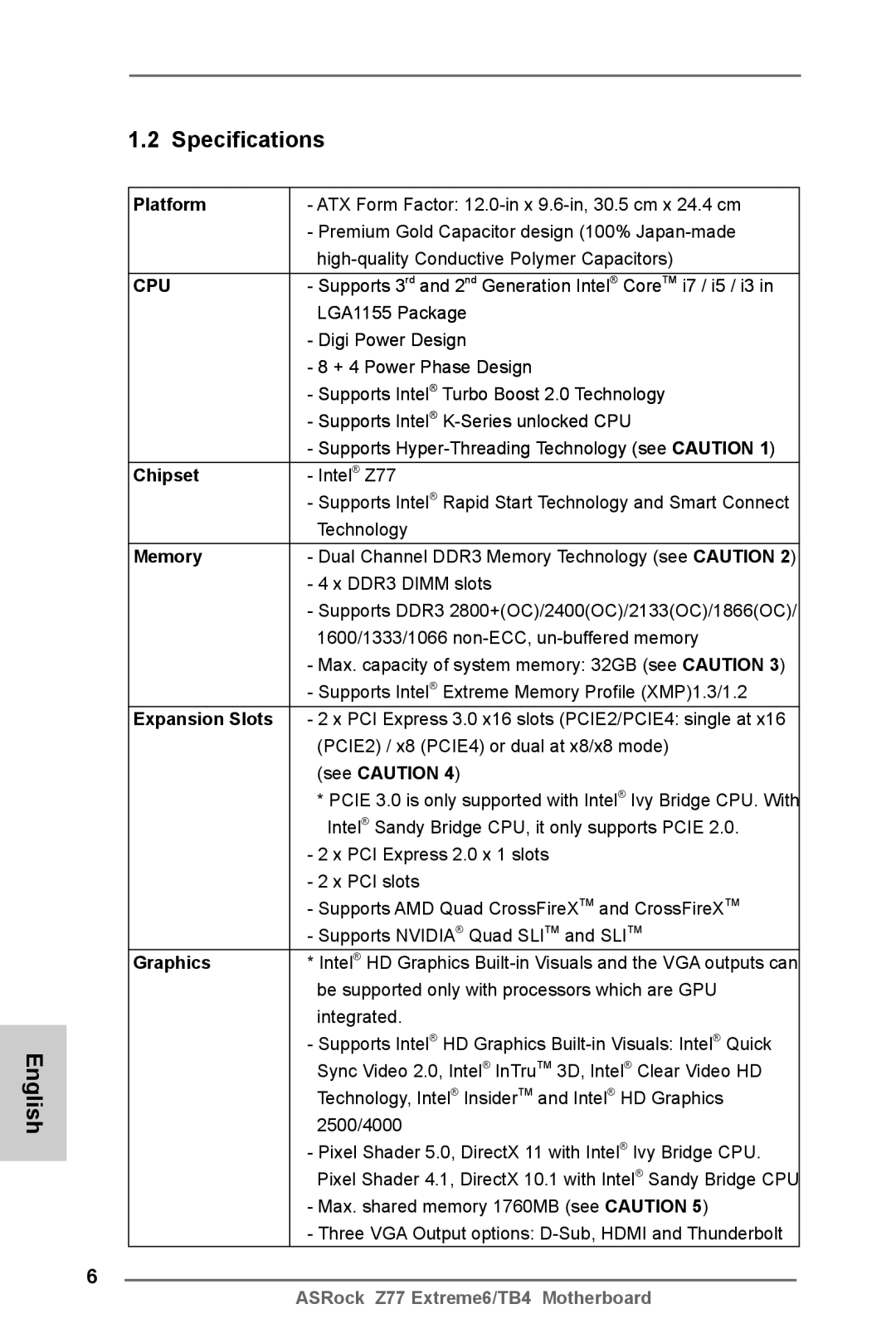 ASRock Z77 Extreme6/TB4 manual English Specifications 