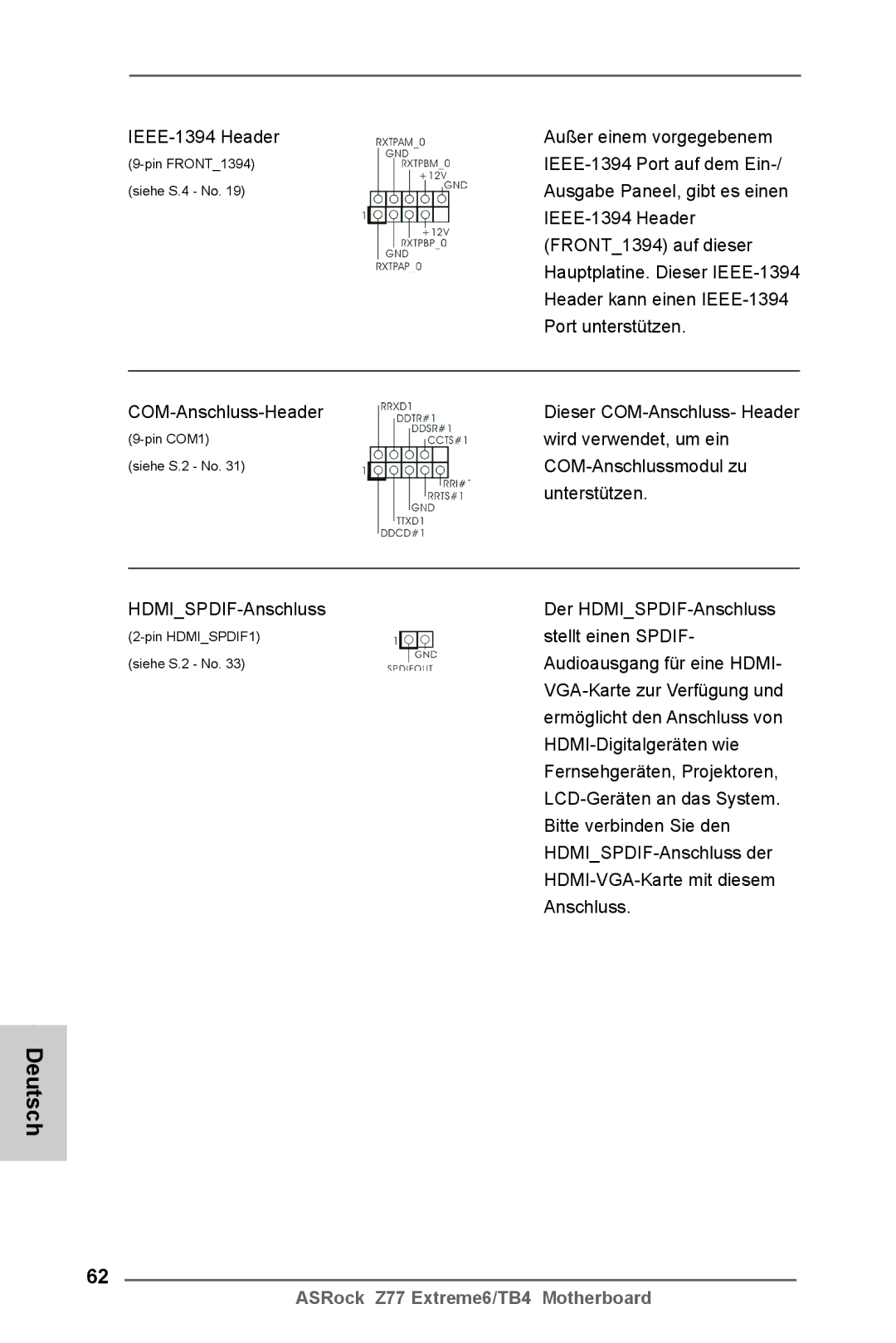 ASRock Z77 Extreme6/TB4 manual IEEE-1394 Header Außer einem vorgegebenem, IEEE-1394 Port auf dem Ein, FRONT1394 auf dieser 